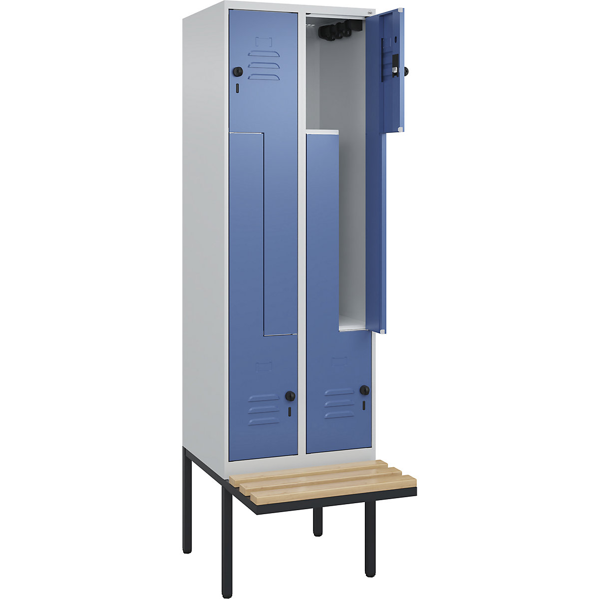Armadietto a Z Classic PLUS con panca – C+P, 2 scomparti, grigio chiaro / indaco, largh. 600 mm, serratura girevole di sicurezza, panca sporgente, legno duro di faggio-0