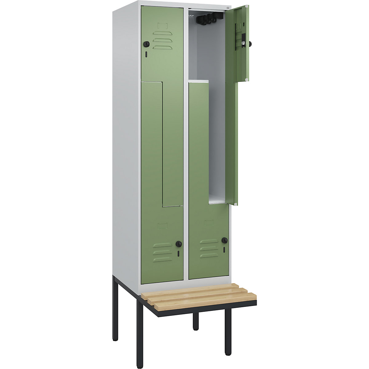 Armadietto a Z Classic PLUS con panca – C+P, 2 scomparti, grigio chiaro / verde reseda, largh. 600 mm, serratura girevole di sicurezza, panca sporgente, legno duro di faggio-0