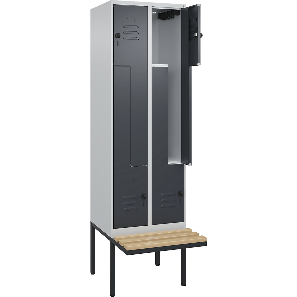 Armadietto a Z Classic PLUS con panca – C+P, 2 scomparti, grigio chiaro / grigio, largh. 600 mm, serratura girevole di sicurezza, panca sporgente, legno duro di faggio-0