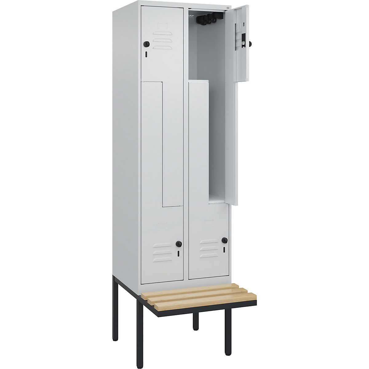 Armadietto a Z Classic PLUS con panca – C+P, 2 scomparti, grigio chiaro, largh. 600 mm, serratura girevole di sicurezza, panca sporgente, legno duro di faggio-0