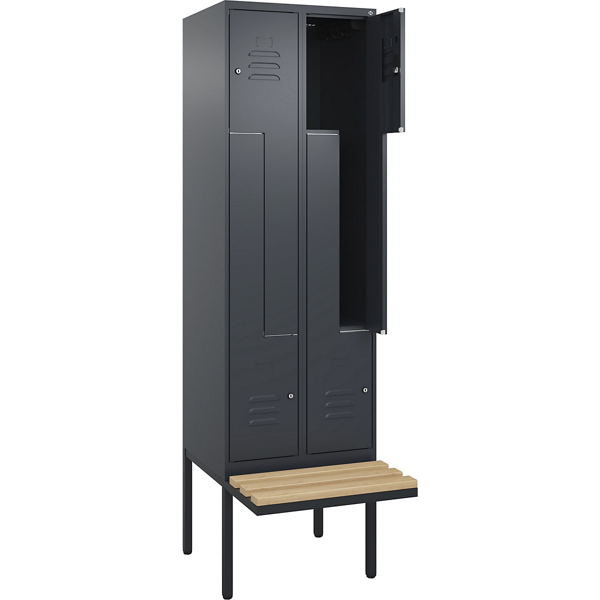 Armadietto a Z Classic PLUS con panca – C+P, 2 scomparti, grigio, largh. 600 mm, serratura a cilindro, panca sporgente, legno duro di faggio-0