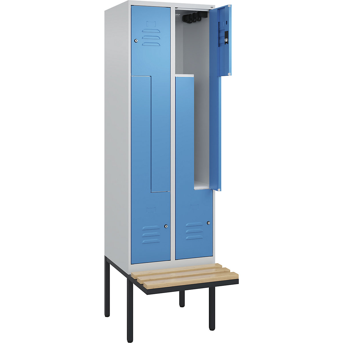 Armadietto a Z Classic PLUS con panca – C+P, 2 scomparti, grigio chiaro / blu chiaro, largh. 600 mm, serratura a cilindro, panca sporgente, legno duro di faggio-0