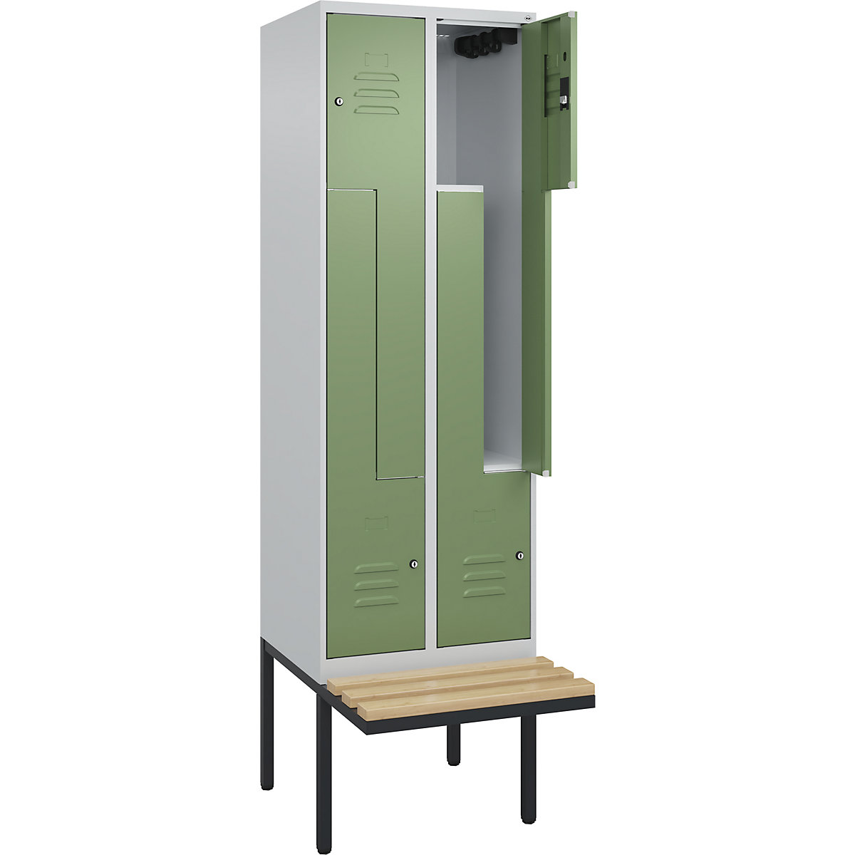 Armadietto a Z Classic PLUS con panca – C+P, 2 scomparti, grigio chiaro / verde reseda, largh. 600 mm, serratura a cilindro, panca sporgente, legno duro di faggio-0