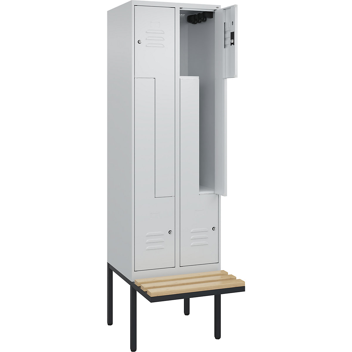 Armadietto a Z Classic PLUS con panca – C+P, 2 scomparti, grigio chiaro, largh. 600 mm, serratura a cilindro, panca sporgente, legno duro di faggio-0