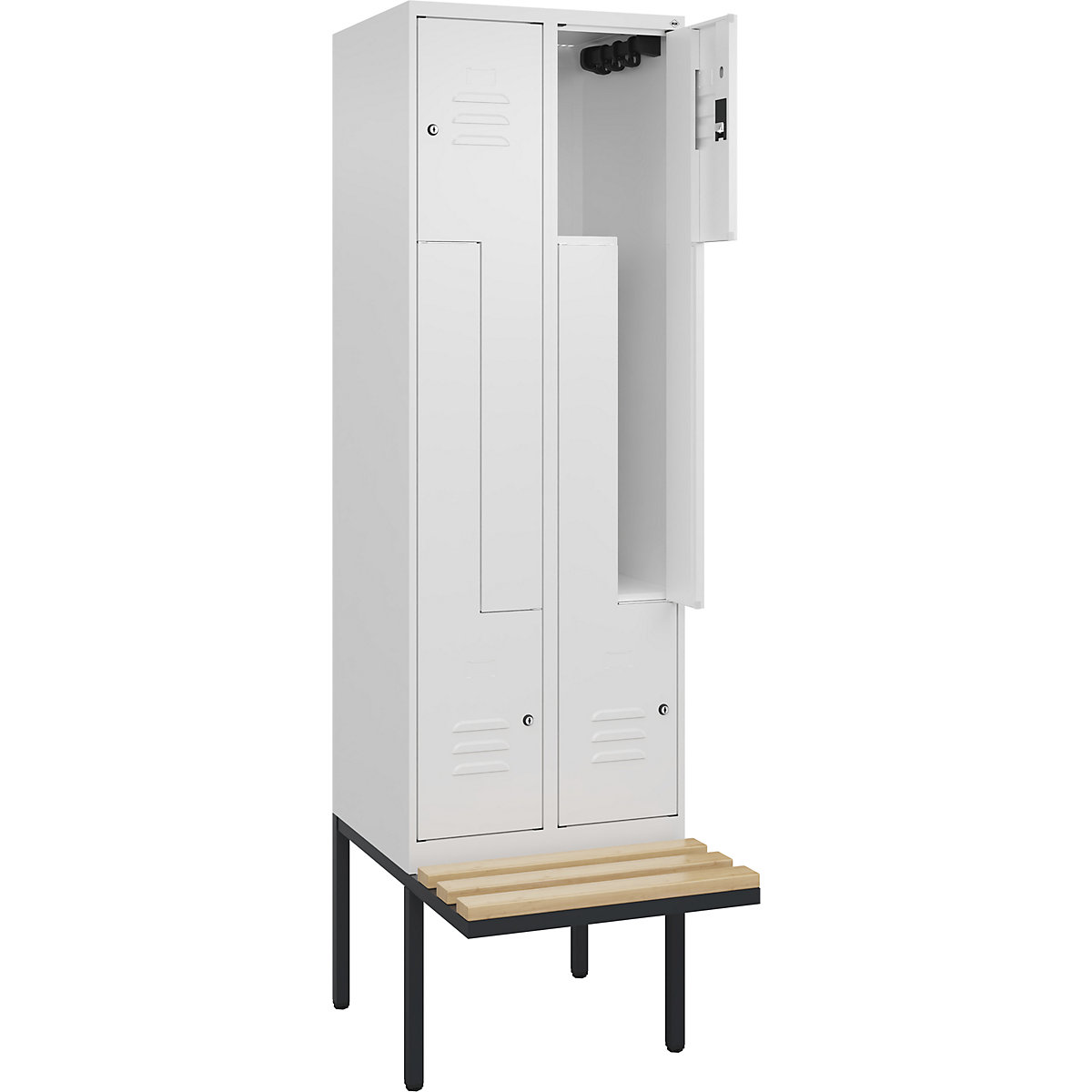 Armadietto a Z Classic PLUS con panca – C+P, 2 scomparti, bianco traffico, largh. 600 mm, serratura a cilindro, panca sporgente, legno duro di faggio-0
