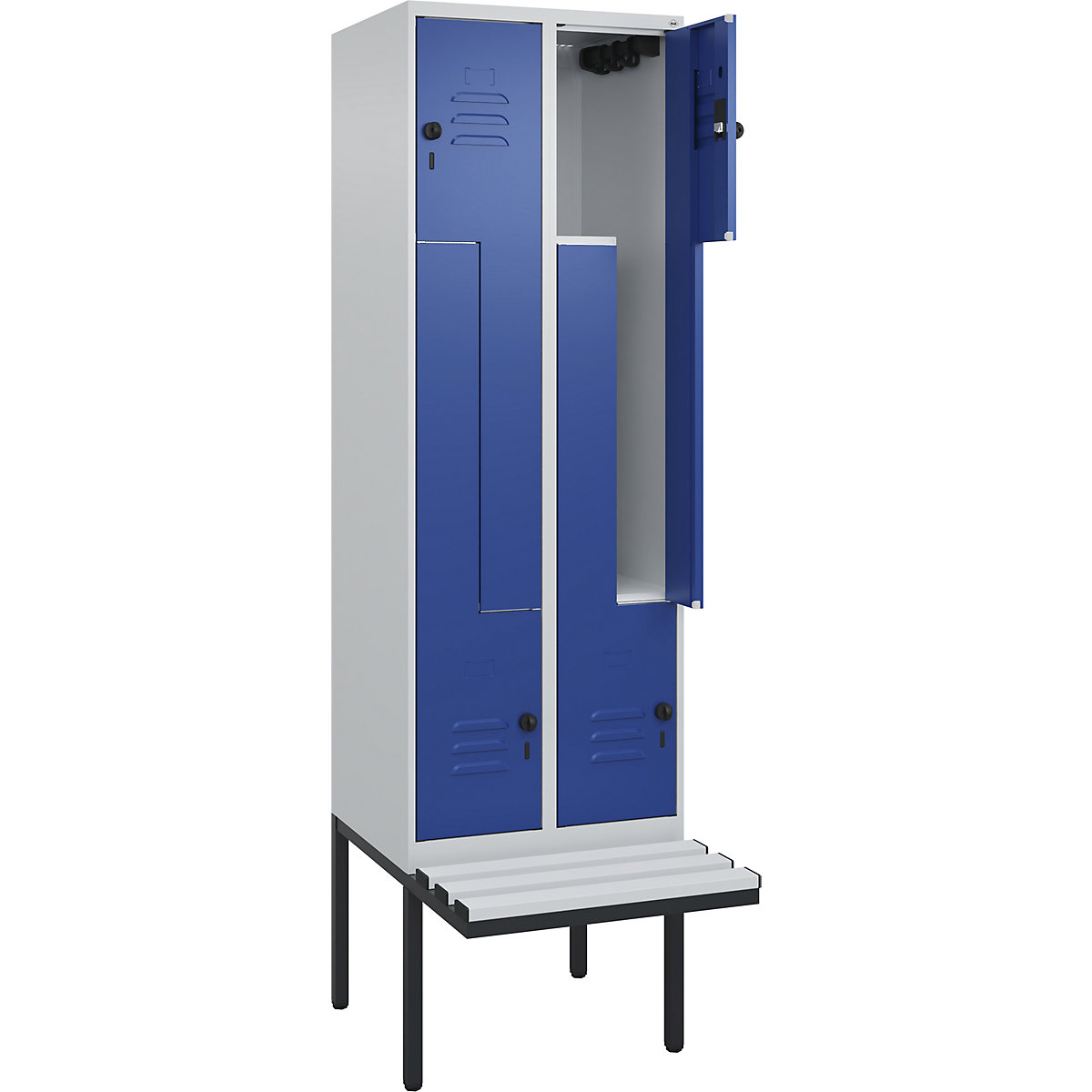 Armadietto a Z Classic PLUS con panca – C+P, 2 scomparti, grigio chiaro / blu genziana, largh. 600 mm, serratura girevole di sicurezza, panca sporgente, plastica-0