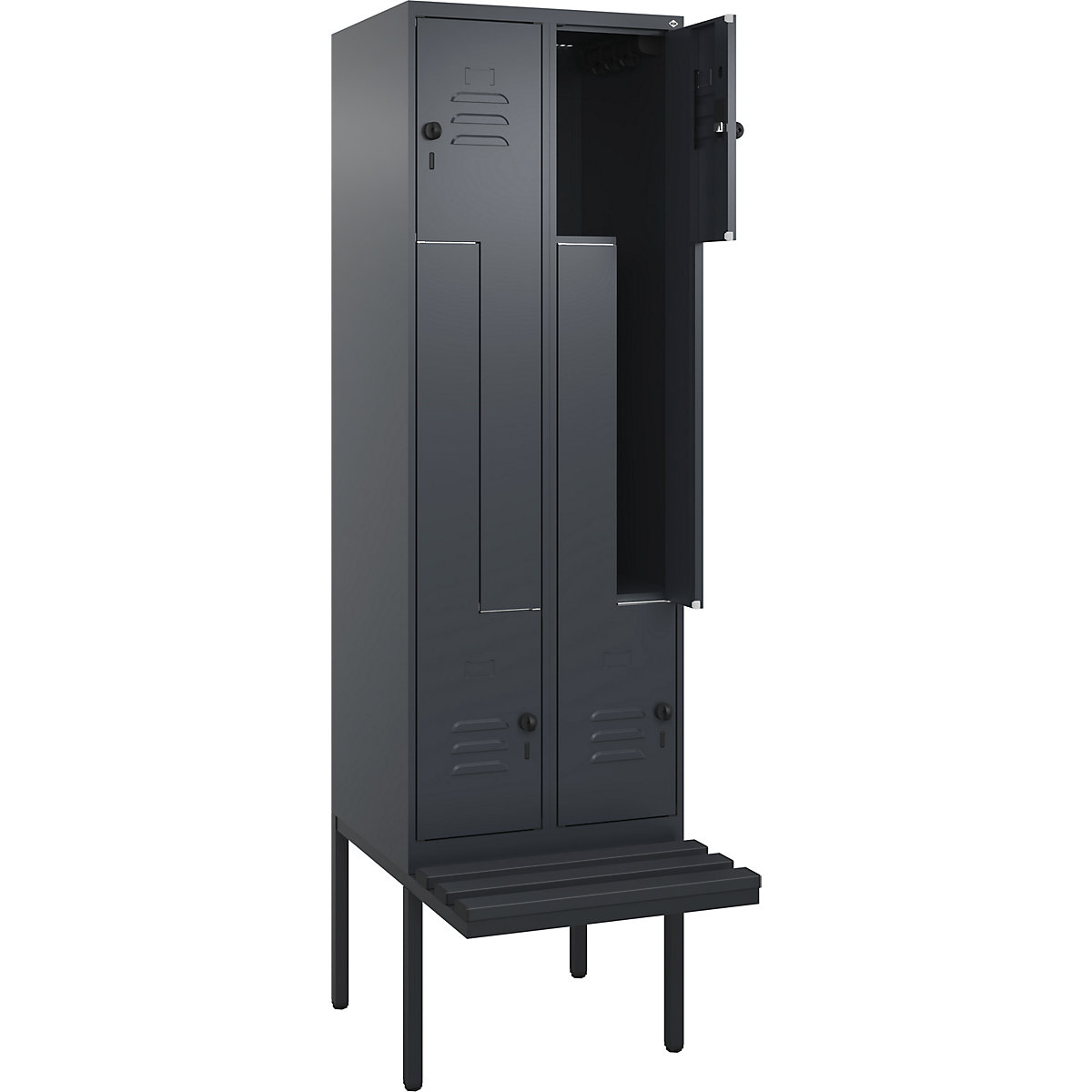 Armadietto a Z Classic PLUS con panca – C+P, 2 scomparti, grigio, largh. 600 mm, serratura girevole di sicurezza, panca sporgente, plastica-0