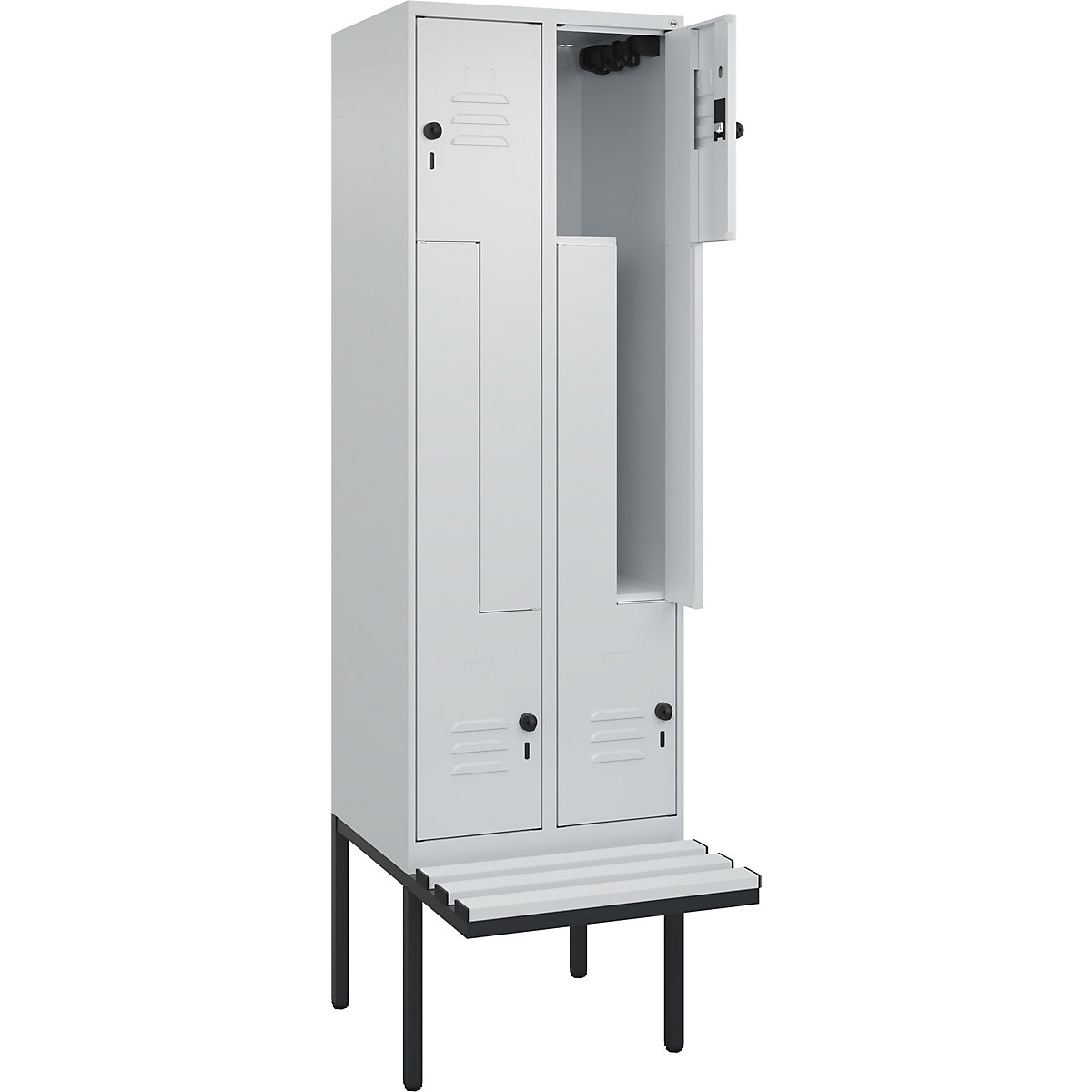 Armadietto a Z Classic PLUS con panca – C+P, 2 scomparti, grigio chiaro, largh. 600 mm, serratura girevole di sicurezza, panca sporgente, plastica-0
