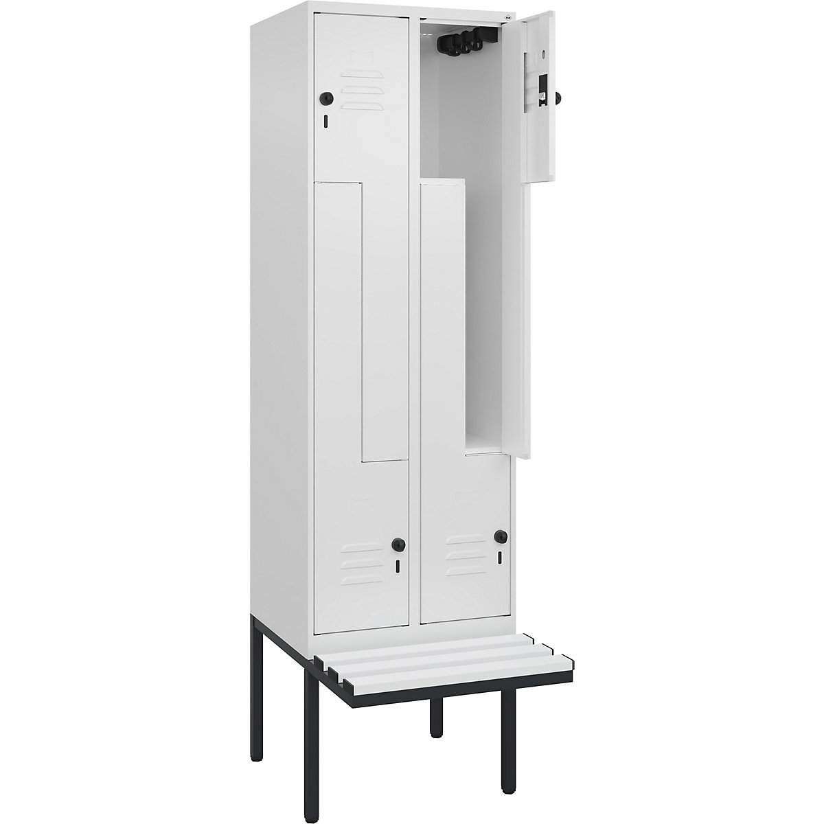 Armadietto a Z Classic PLUS con panca – C+P, 2 scomparti, bianco traffico, largh. 600 mm, serratura girevole di sicurezza, panca sporgente, plastica-0