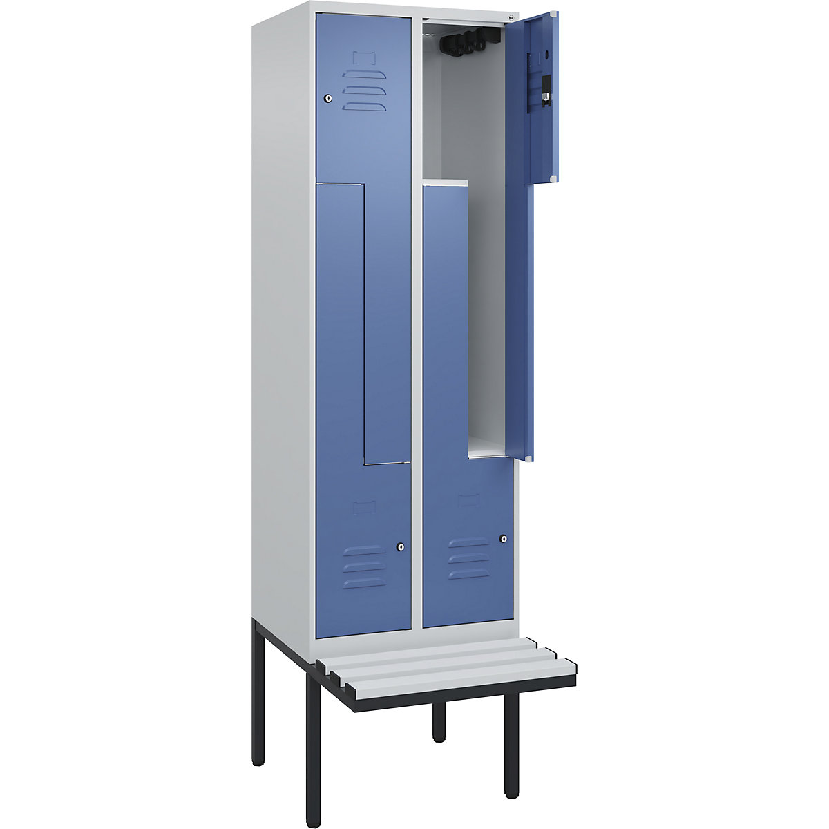 Armadietto a Z Classic PLUS con panca – C+P, 2 scomparti, grigio chiaro / indaco, largh. 600 mm, serratura a cilindro, panca sporgente, plastica-0