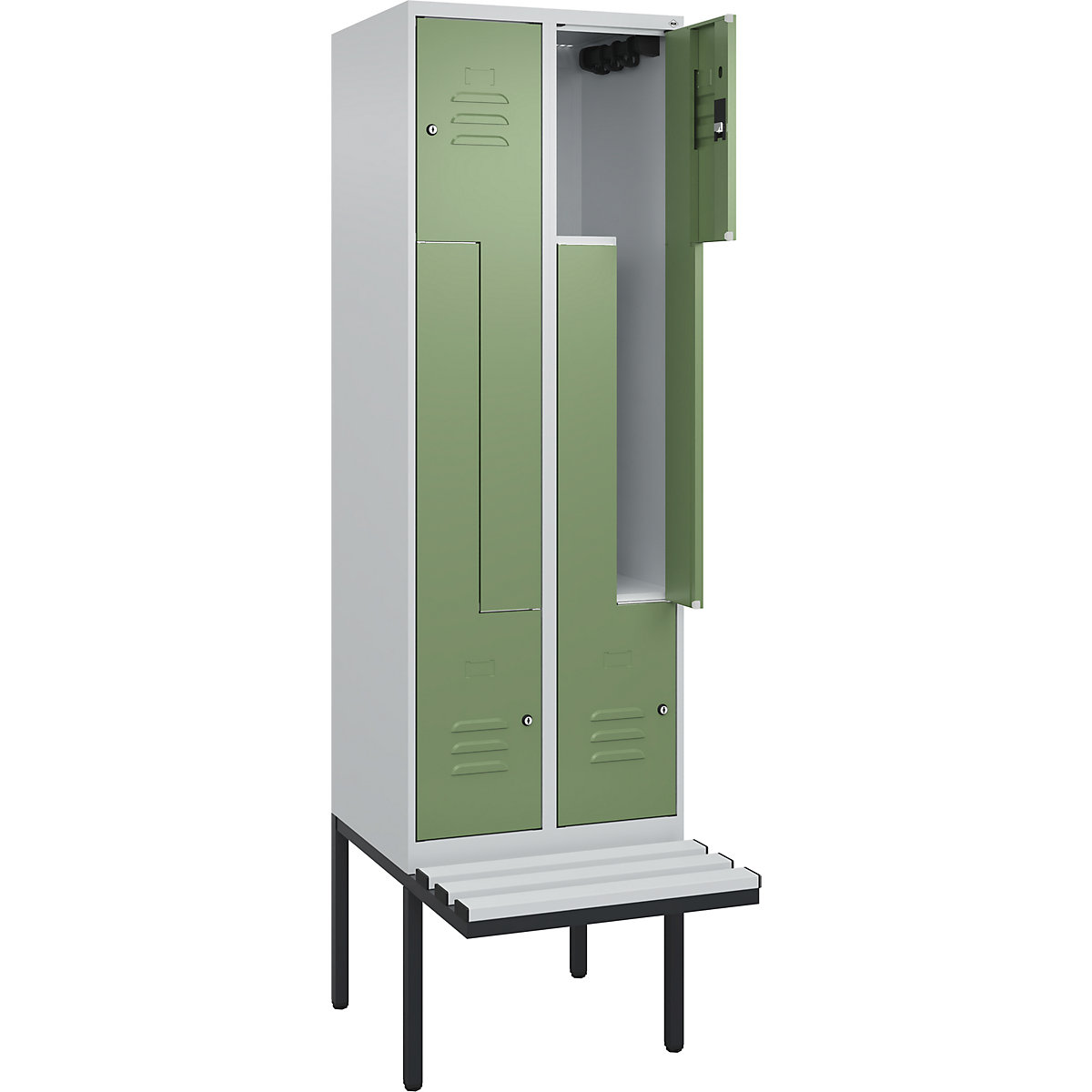 Armadietto a Z Classic PLUS con panca – C+P, 2 scomparti, grigio chiaro / verde reseda, largh. 600 mm, serratura a cilindro, panca sporgente, plastica-0
