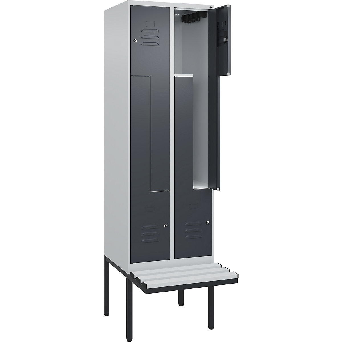 Armadietto a Z Classic PLUS con panca – C+P, 2 scomparti, grigio chiaro / grigio, largh. 600 mm, serratura a cilindro, panca sporgente, plastica-0