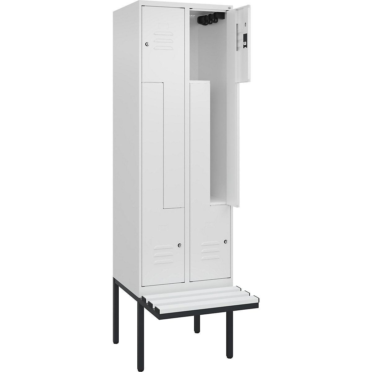 Armadietto a Z Classic PLUS con panca – C+P, 2 scomparti, bianco traffico, largh. 600 mm, serratura a cilindro, panca sporgente, plastica-0