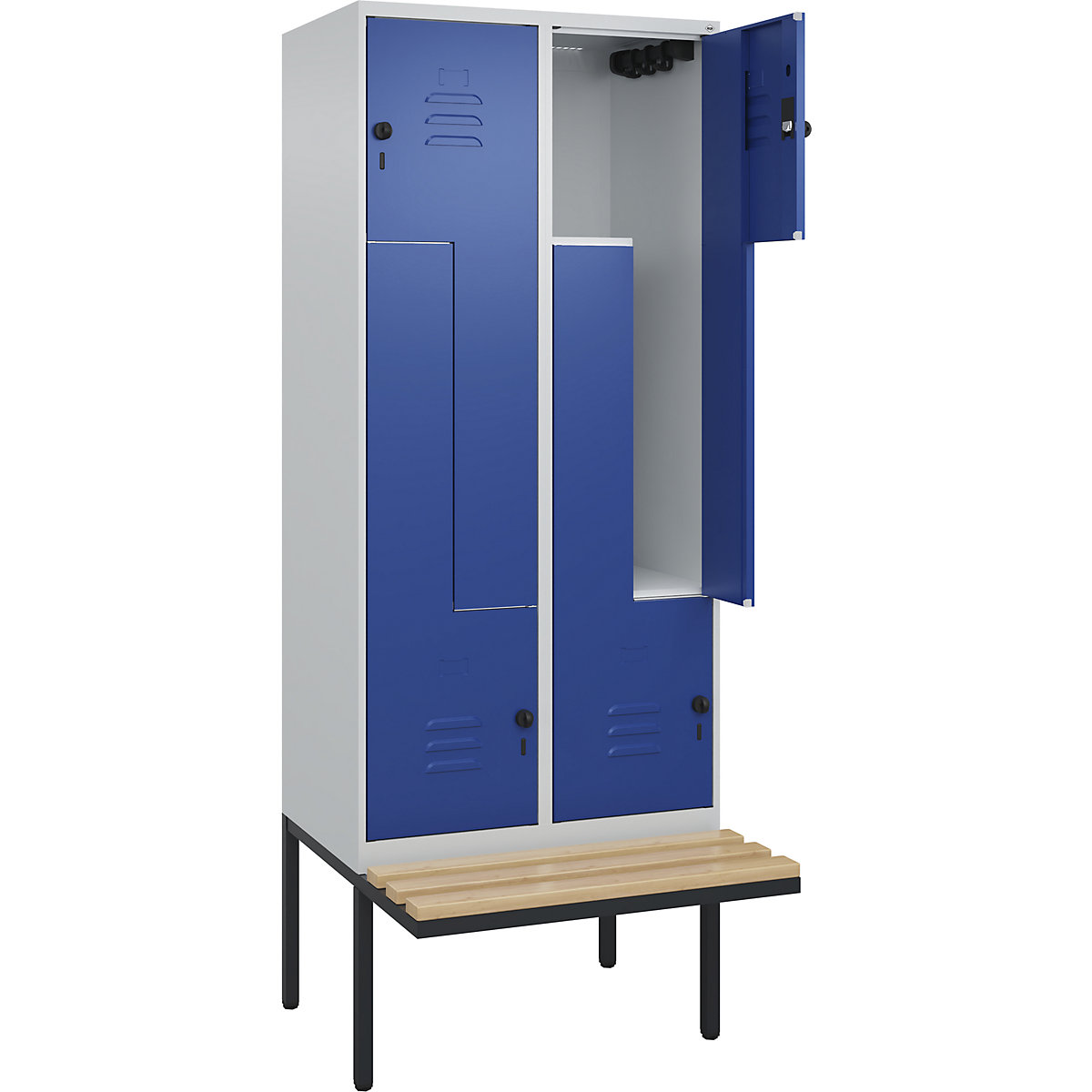 Armadietto a Z Classic PLUS con panca – C+P, 2 scomparti, grigio chiaro / blu genziana, largh. 800 mm, serratura girevole di sicurezza, panca sporgente, legno duro di faggio-0