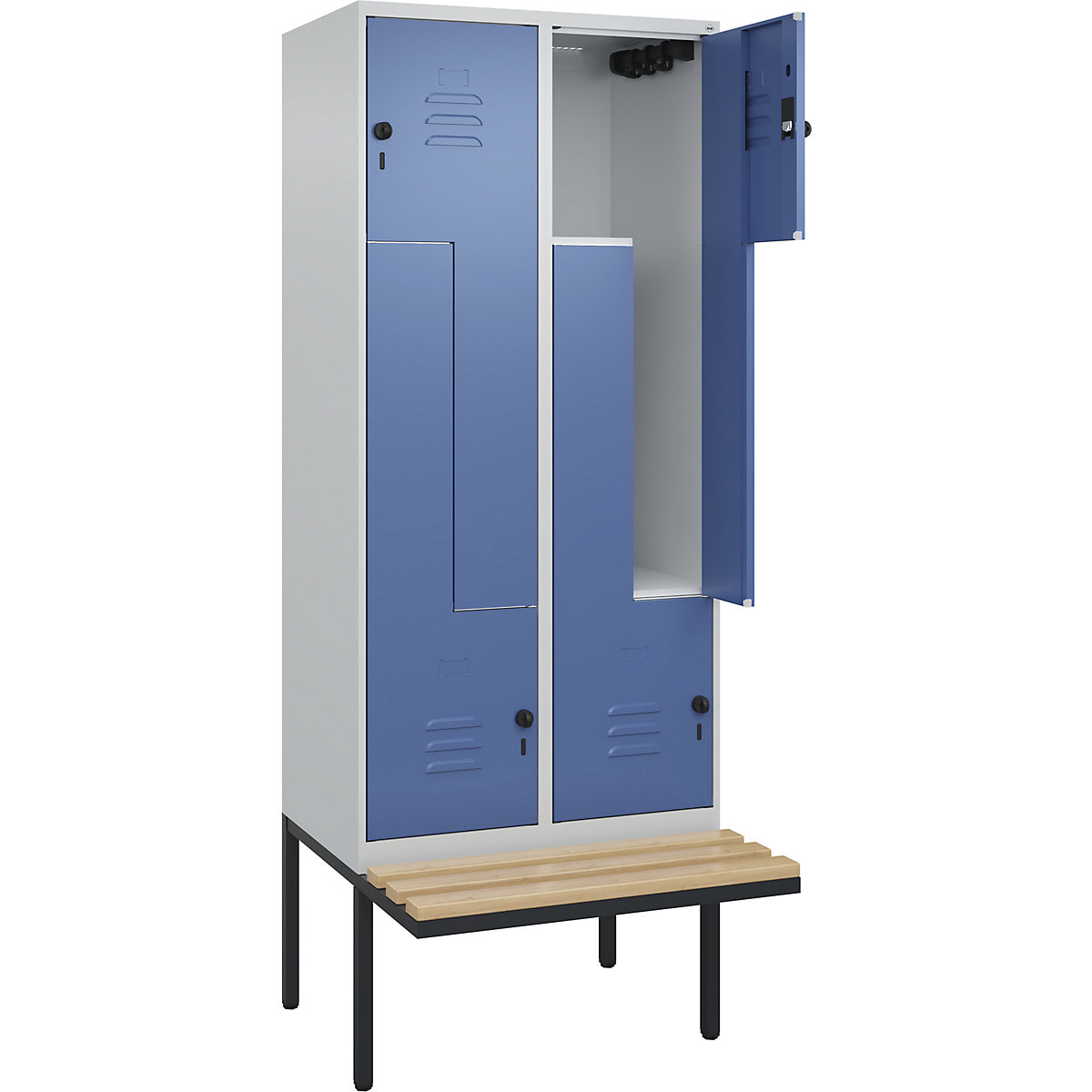 Armadietto a Z Classic PLUS con panca – C+P, 2 scomparti, grigio chiaro / indaco, largh. 800 mm, serratura girevole di sicurezza, panca sporgente, legno duro di faggio-0