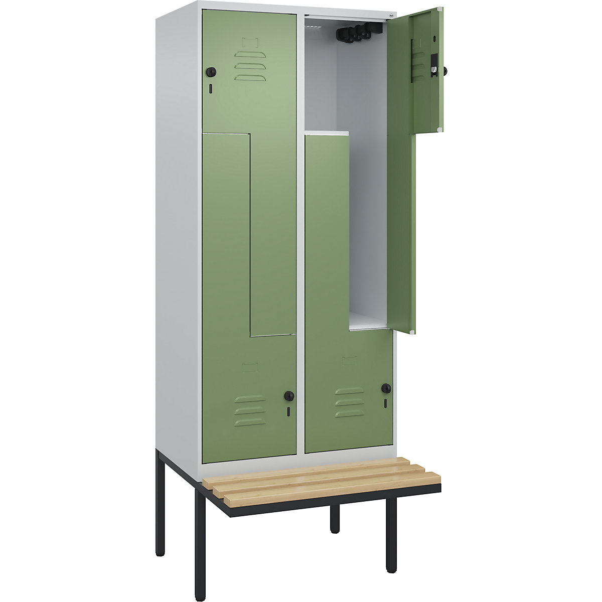 Armadietto a Z Classic PLUS con panca – C+P, 2 scomparti, grigio chiaro / verde reseda, largh. 800 mm, serratura girevole di sicurezza, panca sporgente, legno duro di faggio-0