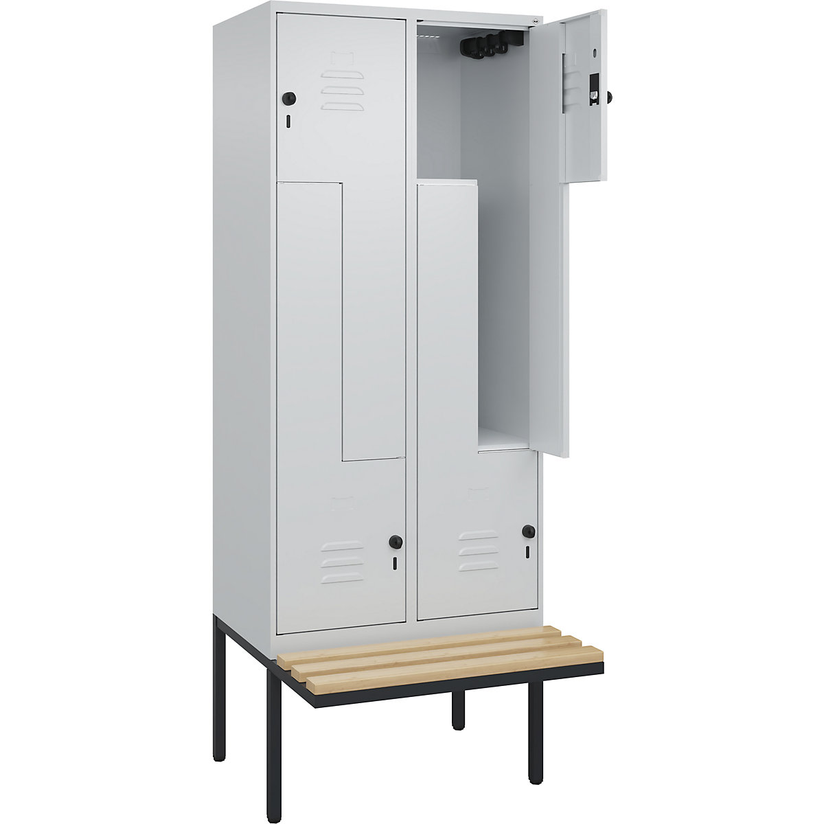 Armadietto a Z Classic PLUS con panca – C+P, 2 scomparti, grigio chiaro, largh. 800 mm, serratura girevole di sicurezza, panca sporgente, legno duro di faggio-0