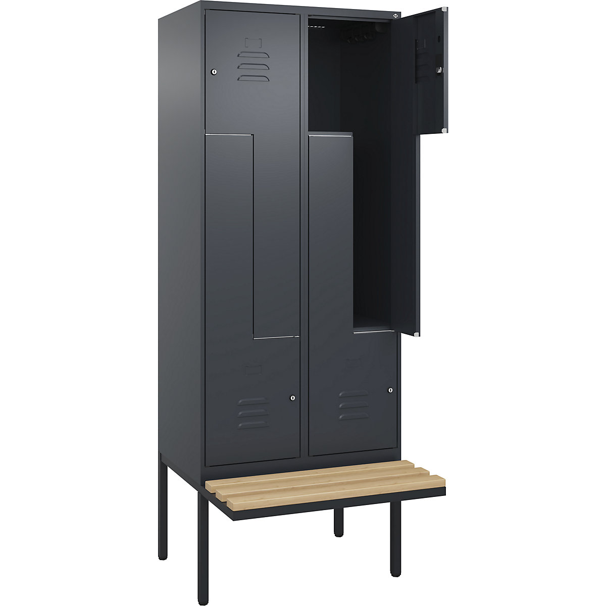 Armadietto a Z Classic PLUS con panca – C+P, 2 scomparti, grigio, largh. 800 mm, serratura a cilindro, panca sporgente, legno duro di faggio-0
