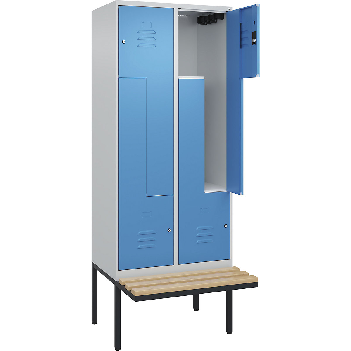 Armadietto a Z Classic PLUS con panca – C+P, 2 scomparti, grigio chiaro / blu chiaro, largh. 800 mm, serratura a cilindro, panca sporgente, legno duro di faggio-0