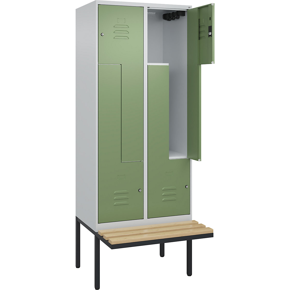 Armadietto a Z Classic PLUS con panca – C+P, 2 scomparti, grigio chiaro / verde reseda, largh. 800 mm, serratura a cilindro, panca sporgente, legno duro di faggio-0
