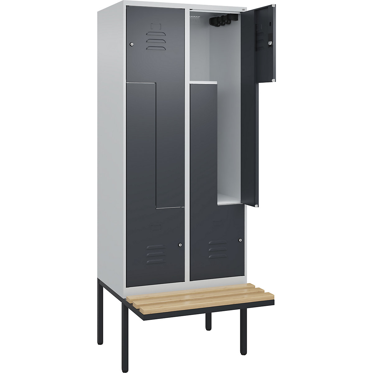 Armadietto a Z Classic PLUS con panca – C+P, 2 scomparti, grigio chiaro / grigio, largh. 800 mm, serratura a cilindro, panca sporgente, legno duro di faggio-0