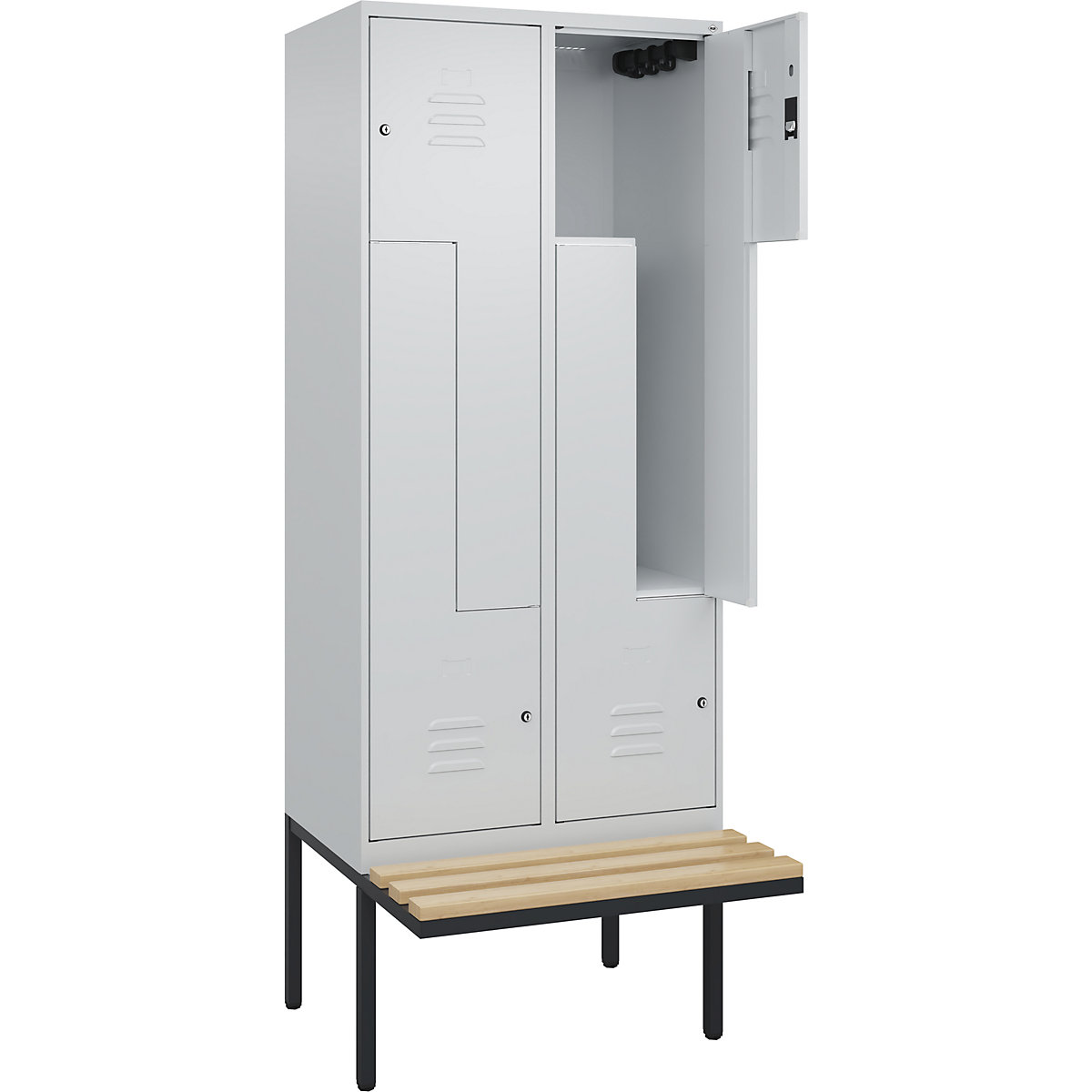 Armadietto a Z Classic PLUS con panca – C+P, 2 scomparti, grigio chiaro, largh. 800 mm, serratura a cilindro, panca sporgente, legno duro di faggio-0