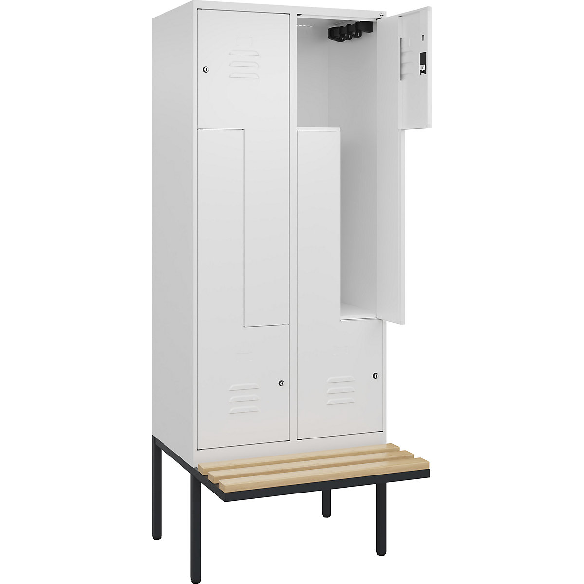 Armadietto a Z Classic PLUS con panca – C+P, 2 scomparti, bianco traffico, largh. 800 mm, serratura a cilindro, panca sporgente, legno duro di faggio-0