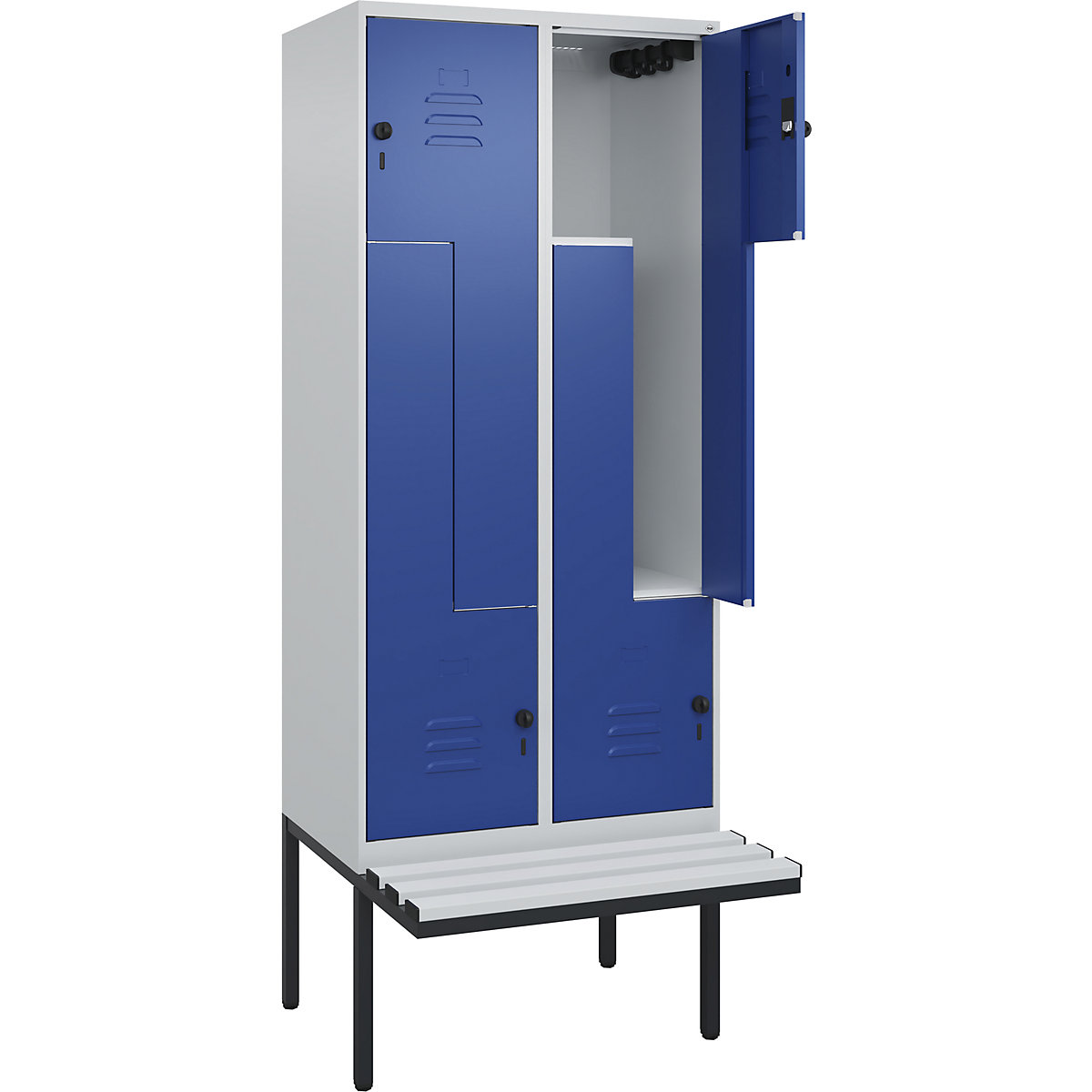 Armadietto a Z Classic PLUS con panca – C+P, 2 scomparti, grigio chiaro / blu genziana, largh. 800 mm, serratura girevole di sicurezza, panca sporgente, plastica-0