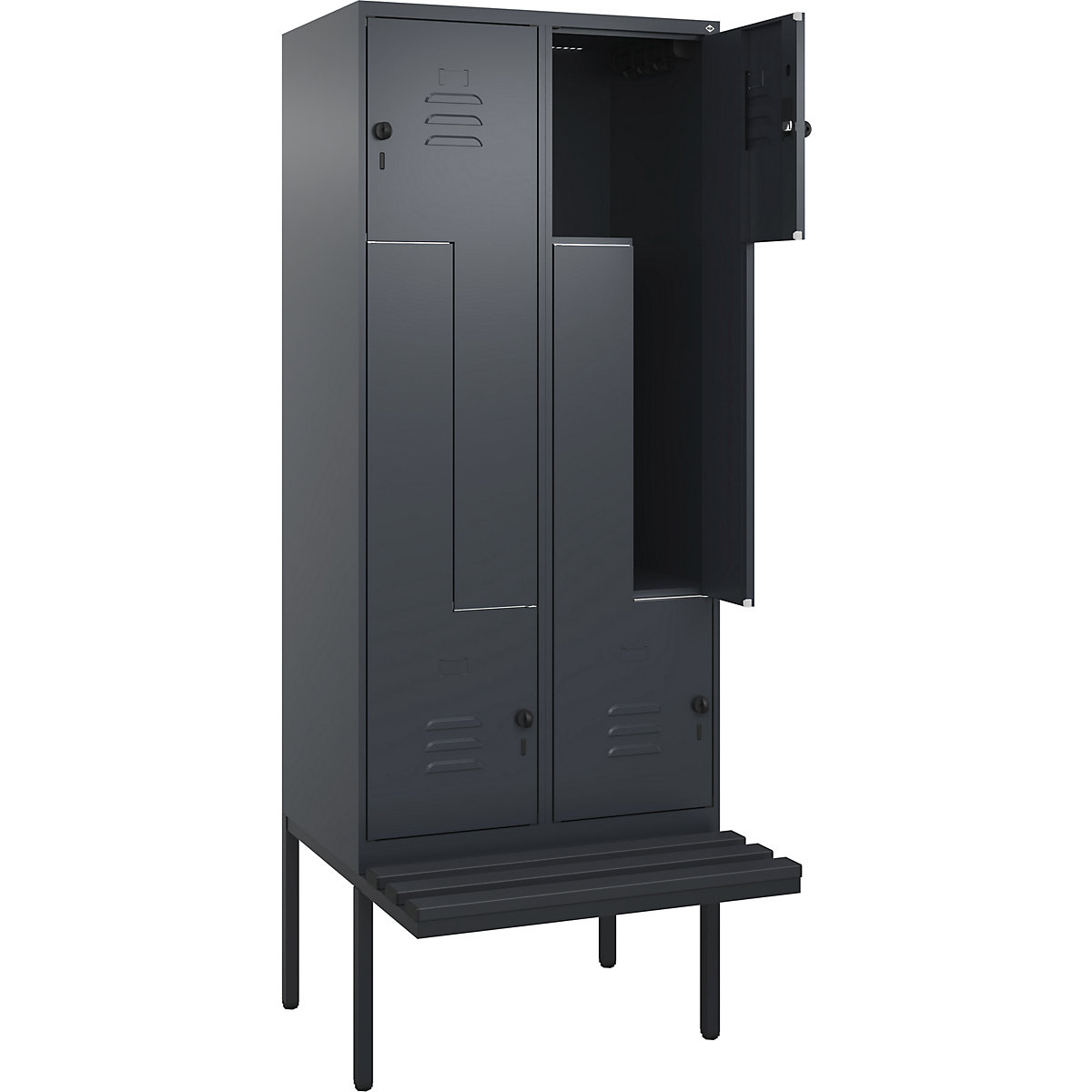 Armadietto a Z Classic PLUS con panca – C+P, 2 scomparti, grigio, largh. 800 mm, serratura girevole di sicurezza, panca sporgente, plastica-0