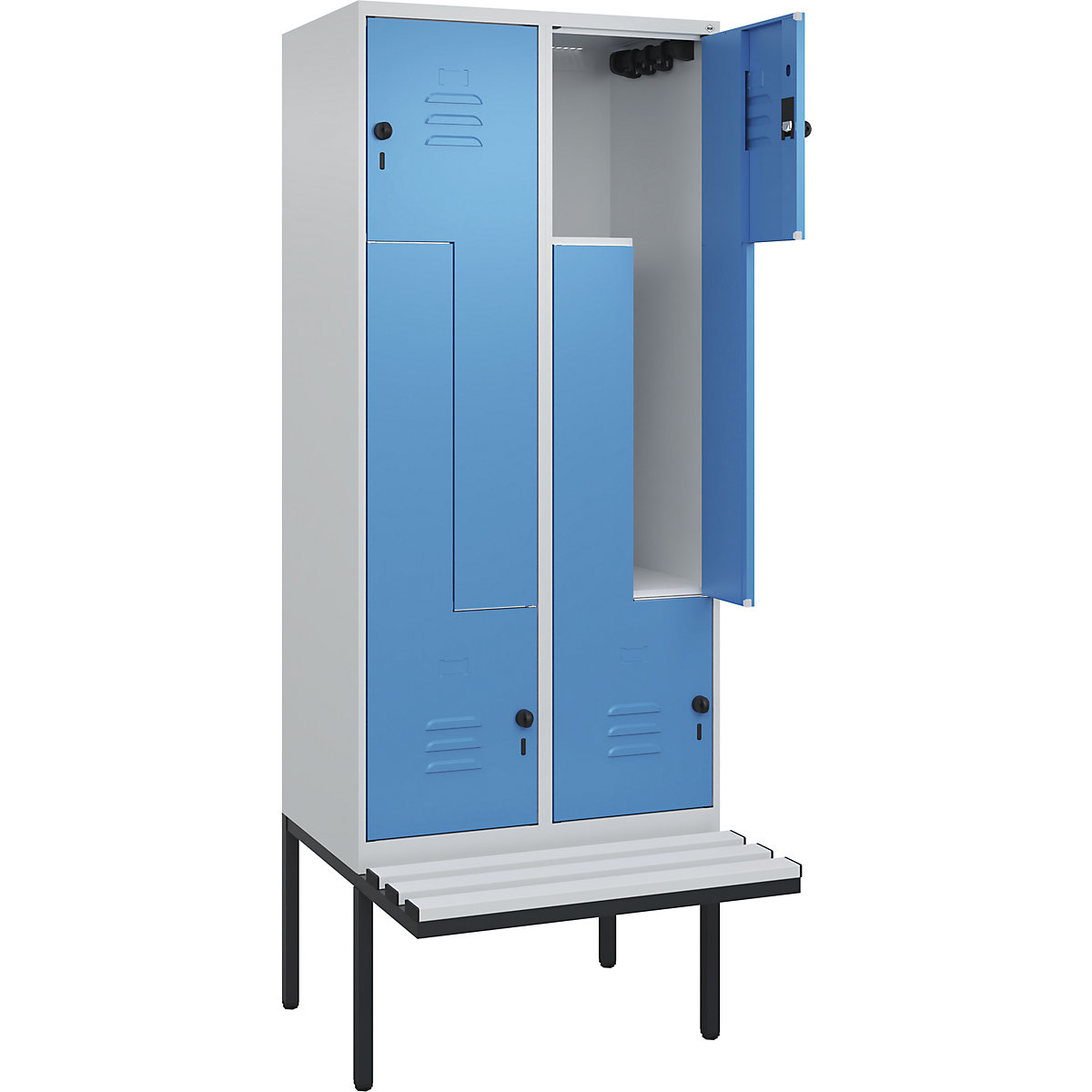 Armadietto a Z Classic PLUS con panca – C+P, 2 scomparti, grigio chiaro / blu chiaro, largh. 800 mm, serratura girevole di sicurezza, panca sporgente, plastica-0