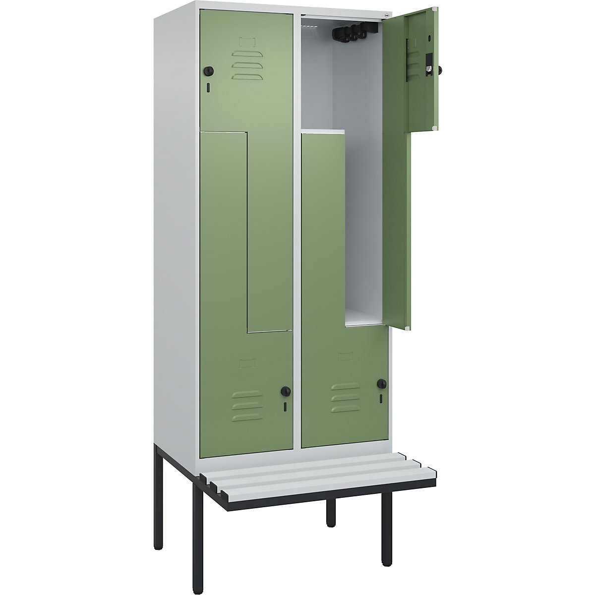 Armadietto a Z Classic PLUS con panca – C+P, 2 scomparti, grigio chiaro / verde reseda, largh. 800 mm, serratura girevole di sicurezza, panca sporgente, plastica-0