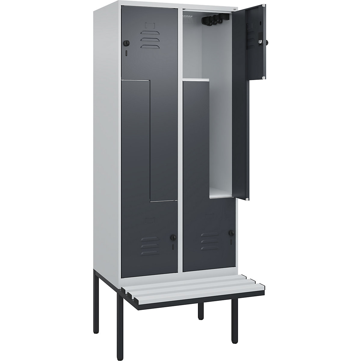 Armadietto a Z Classic PLUS con panca – C+P, 2 scomparti, grigio chiaro / grigio, largh. 800 mm, serratura girevole di sicurezza, panca sporgente, plastica-0