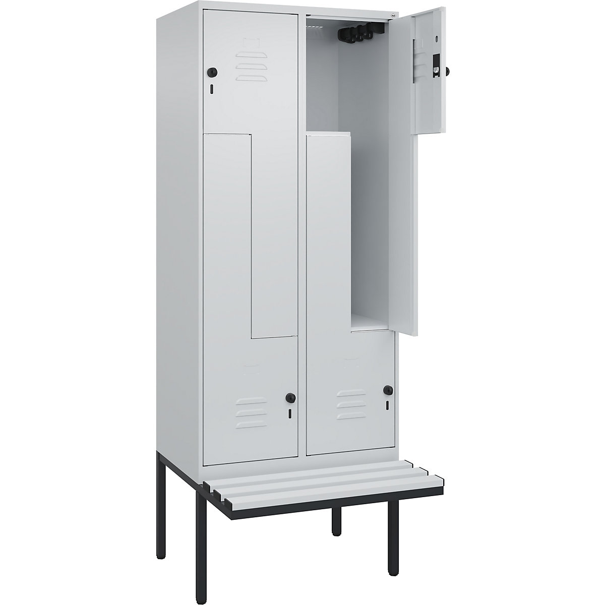 Armadietto a Z Classic PLUS con panca – C+P, 2 scomparti, grigio chiaro, largh. 800 mm, serratura girevole di sicurezza, panca sporgente, plastica-0
