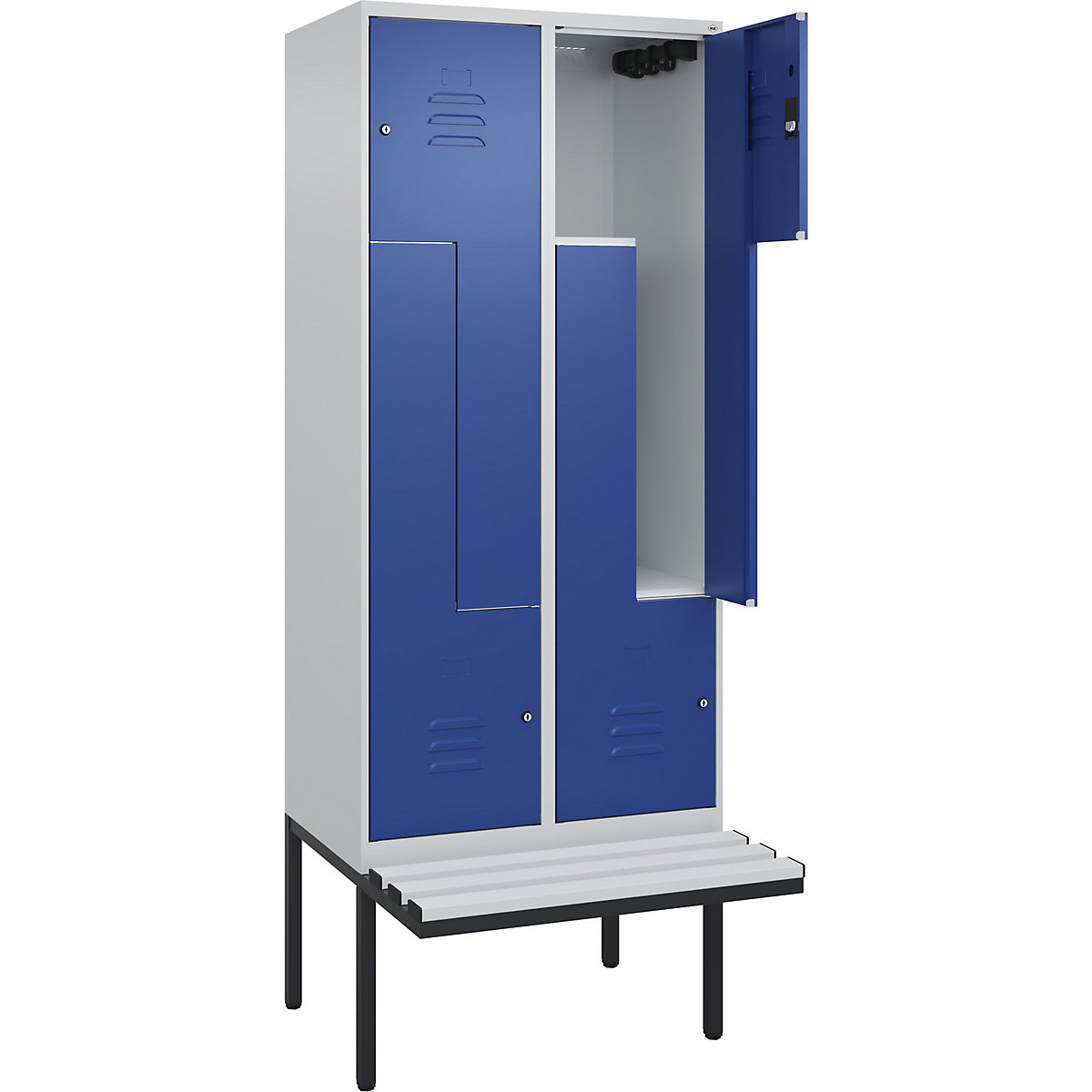 Armadietto a Z Classic PLUS con panca – C+P, 2 scomparti, grigio chiaro / blu genziana, largh. 800 mm, serratura a cilindro, panca sporgente, plastica-0