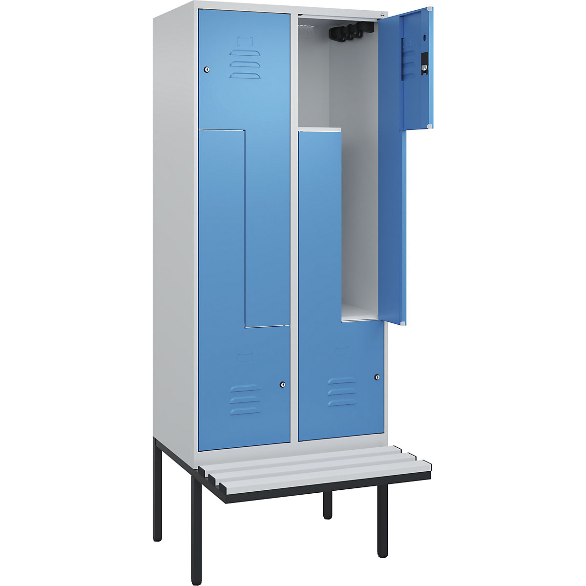Armadietto a Z Classic PLUS con panca – C+P, 2 scomparti, grigio chiaro / blu chiaro, largh. 800 mm, serratura a cilindro, panca sporgente, plastica-0