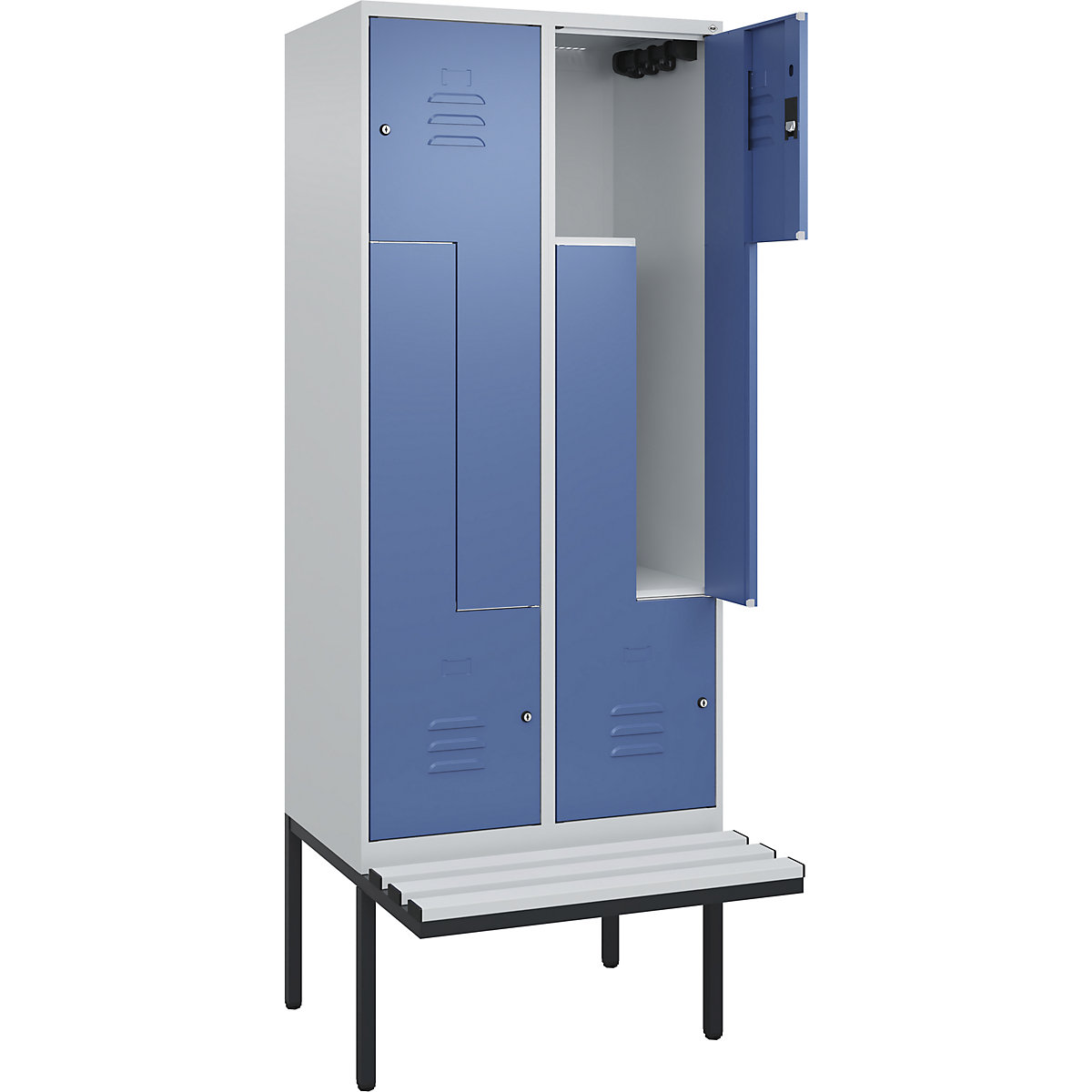 Armadietto a Z Classic PLUS con panca – C+P, 2 scomparti, grigio chiaro / indaco, largh. 800 mm, serratura a cilindro, panca sporgente, plastica-0