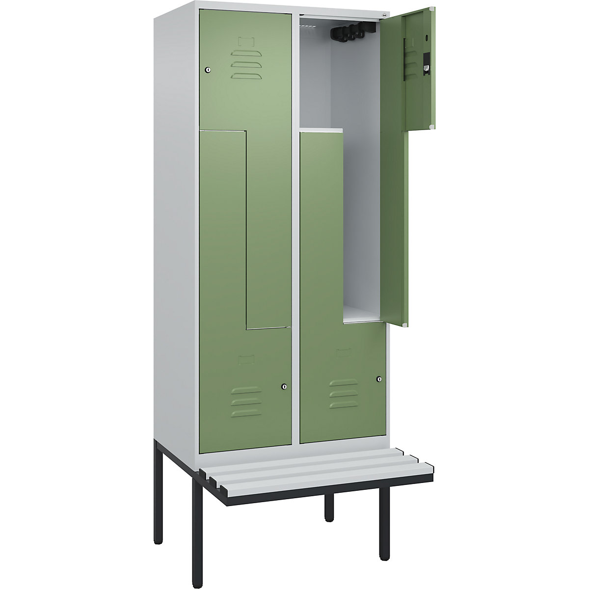 Armadietto a Z Classic PLUS con panca – C+P, 2 scomparti, grigio chiaro / verde reseda, largh. 800 mm, serratura a cilindro, panca sporgente, plastica-0