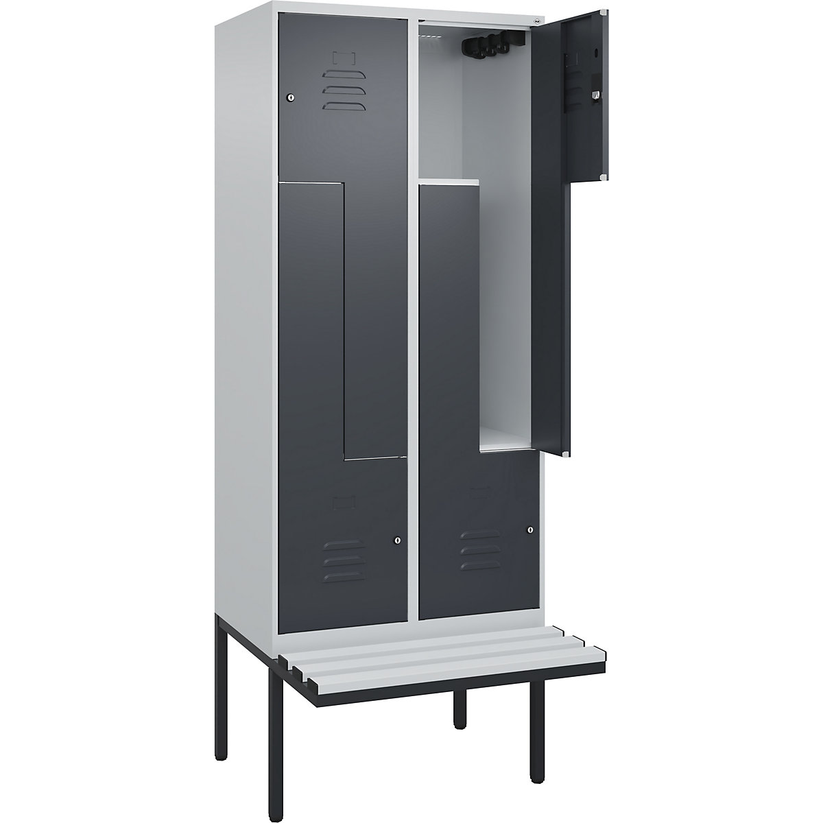 Armadietto a Z Classic PLUS con panca – C+P, 2 scomparti, grigio chiaro / grigio, largh. 800 mm, serratura a cilindro, panca sporgente, plastica-0