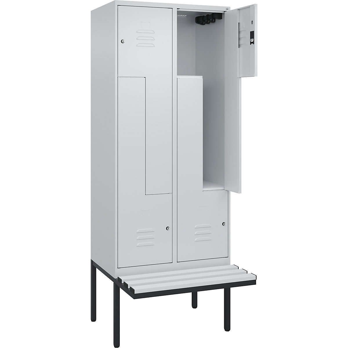 Armadietto a Z Classic PLUS con panca – C+P, 2 scomparti, grigio chiaro, largh. 800 mm, serratura a cilindro, panca sporgente, plastica-0