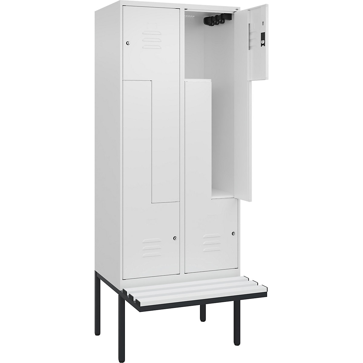 Armadietto a Z Classic PLUS con panca – C+P, 2 scomparti, bianco traffico, largh. 800 mm, serratura a cilindro, panca sporgente, plastica-0
