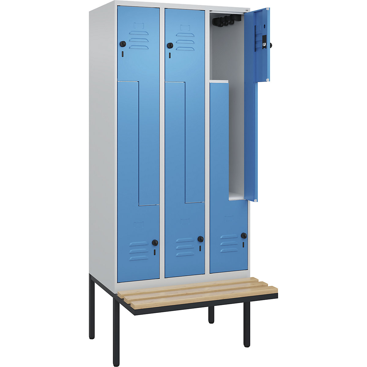 Armadietto a Z Classic PLUS con panca – C+P, 3 scomparti, grigio chiaro / blu chiaro, largh. 900 mm, serratura girevole di sicurezza, panca sporgente, legno duro di faggio-0