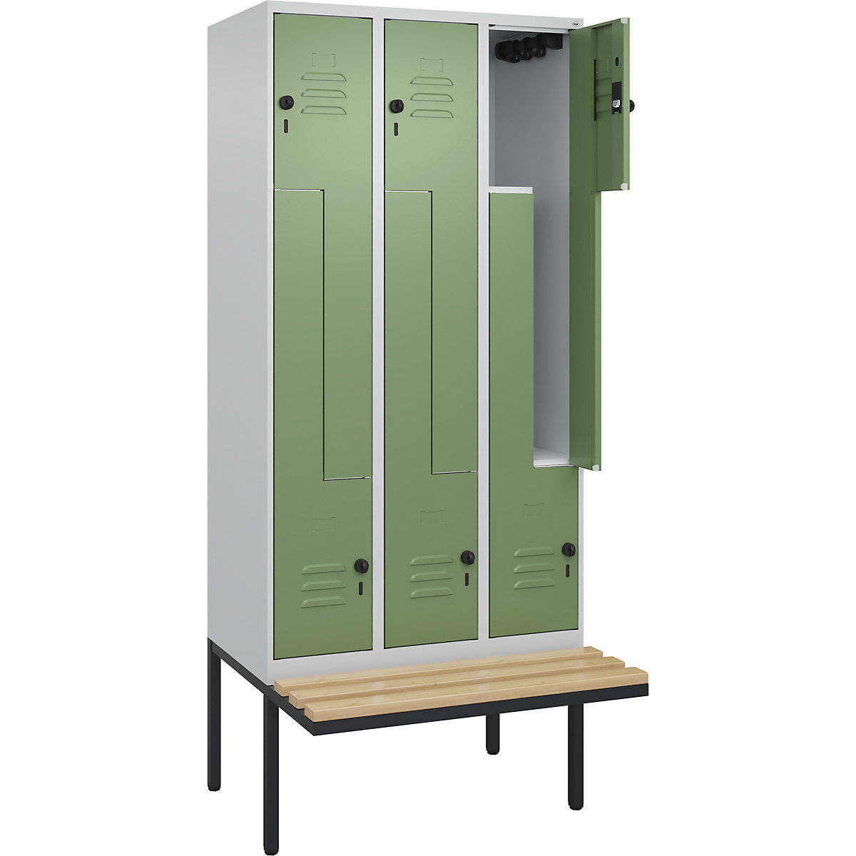 Armadietto a Z Classic PLUS con panca – C+P, 3 scomparti, grigio chiaro / verde reseda, largh. 900 mm, serratura girevole di sicurezza, panca sporgente, legno duro di faggio-0