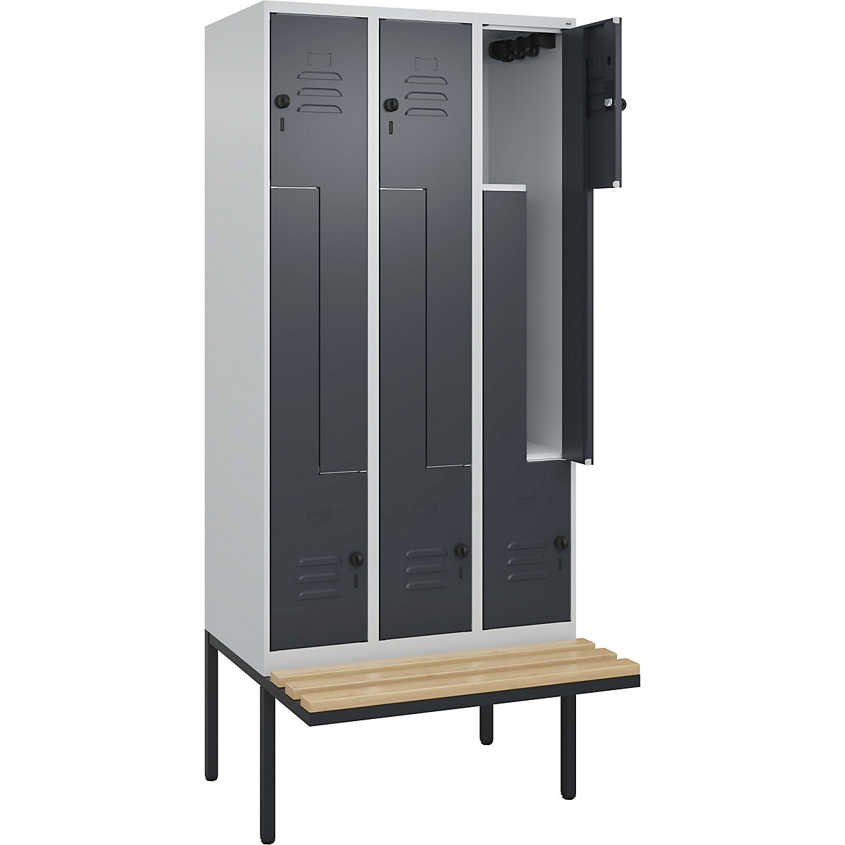 Armadietto a Z Classic PLUS con panca – C+P, 3 scomparti, grigio chiaro / grigio, largh. 900 mm, serratura girevole di sicurezza, panca sporgente, legno duro di faggio-0