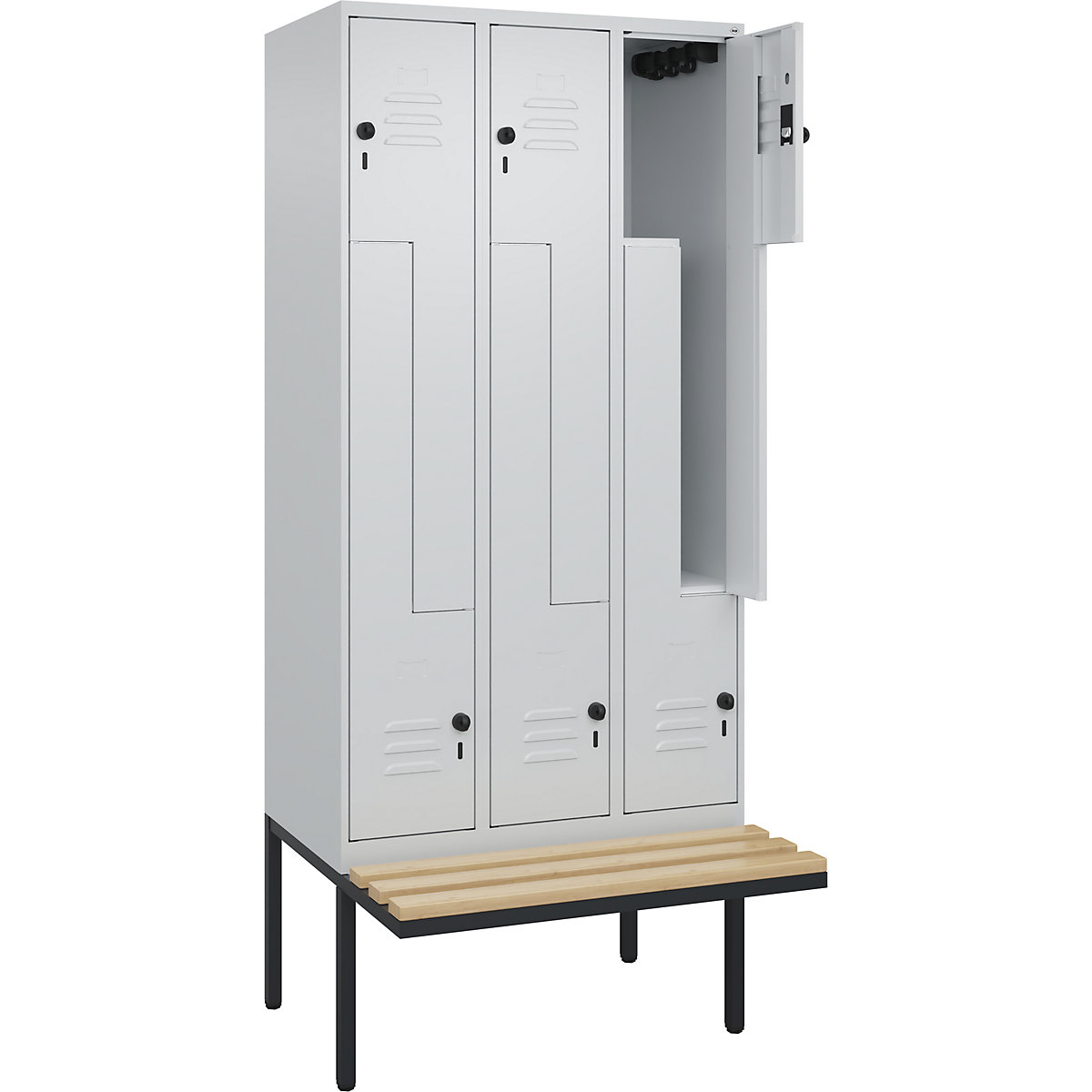 Armadietto a Z Classic PLUS con panca – C+P, 3 scomparti, grigio chiaro, largh. 900 mm, serratura girevole di sicurezza, panca sporgente, legno duro di faggio-0