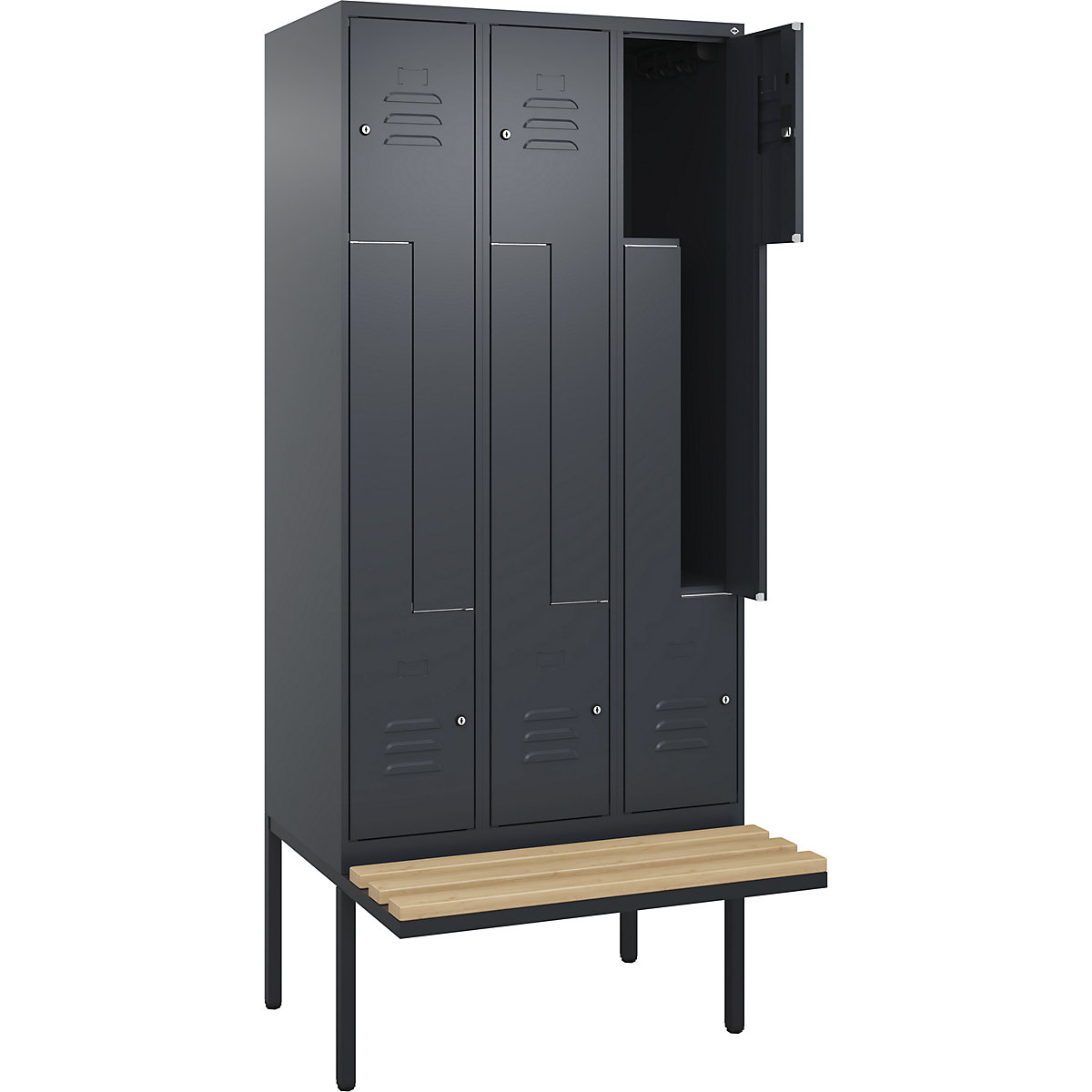 Armadietto a Z Classic PLUS con panca – C+P, 3 scomparti, grigio, largh. 900 mm, serratura a cilindro, panca sporgente, legno duro di faggio-0