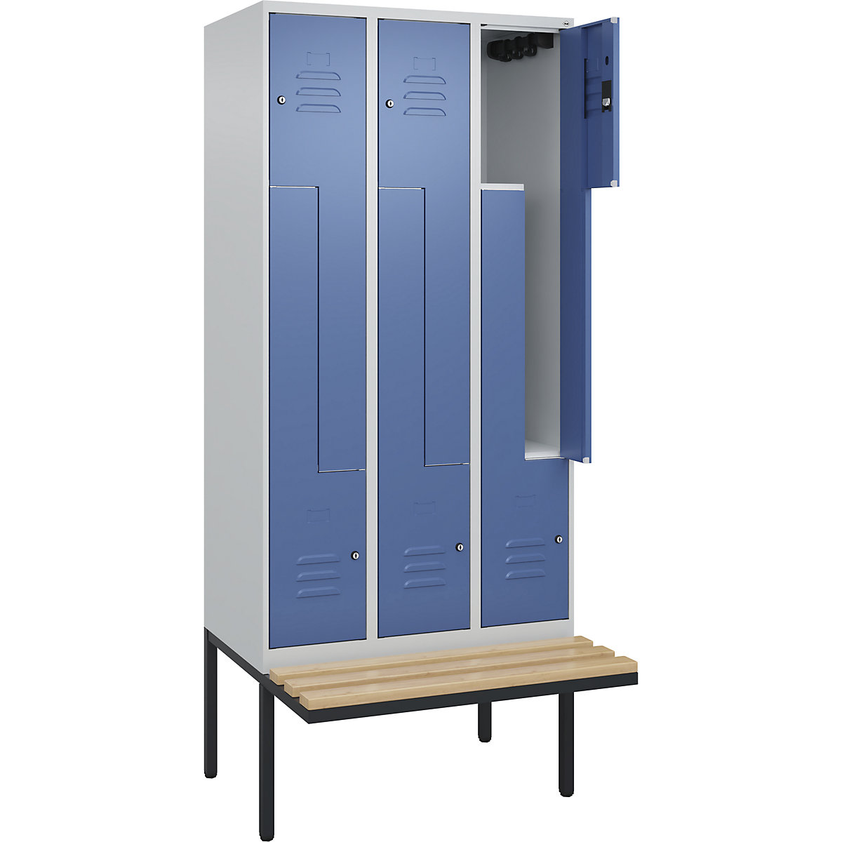 Armadietto a Z Classic PLUS con panca – C+P, 3 scomparti, grigio chiaro / indaco, largh. 900 mm, serratura a cilindro, panca sporgente, legno duro di faggio-0
