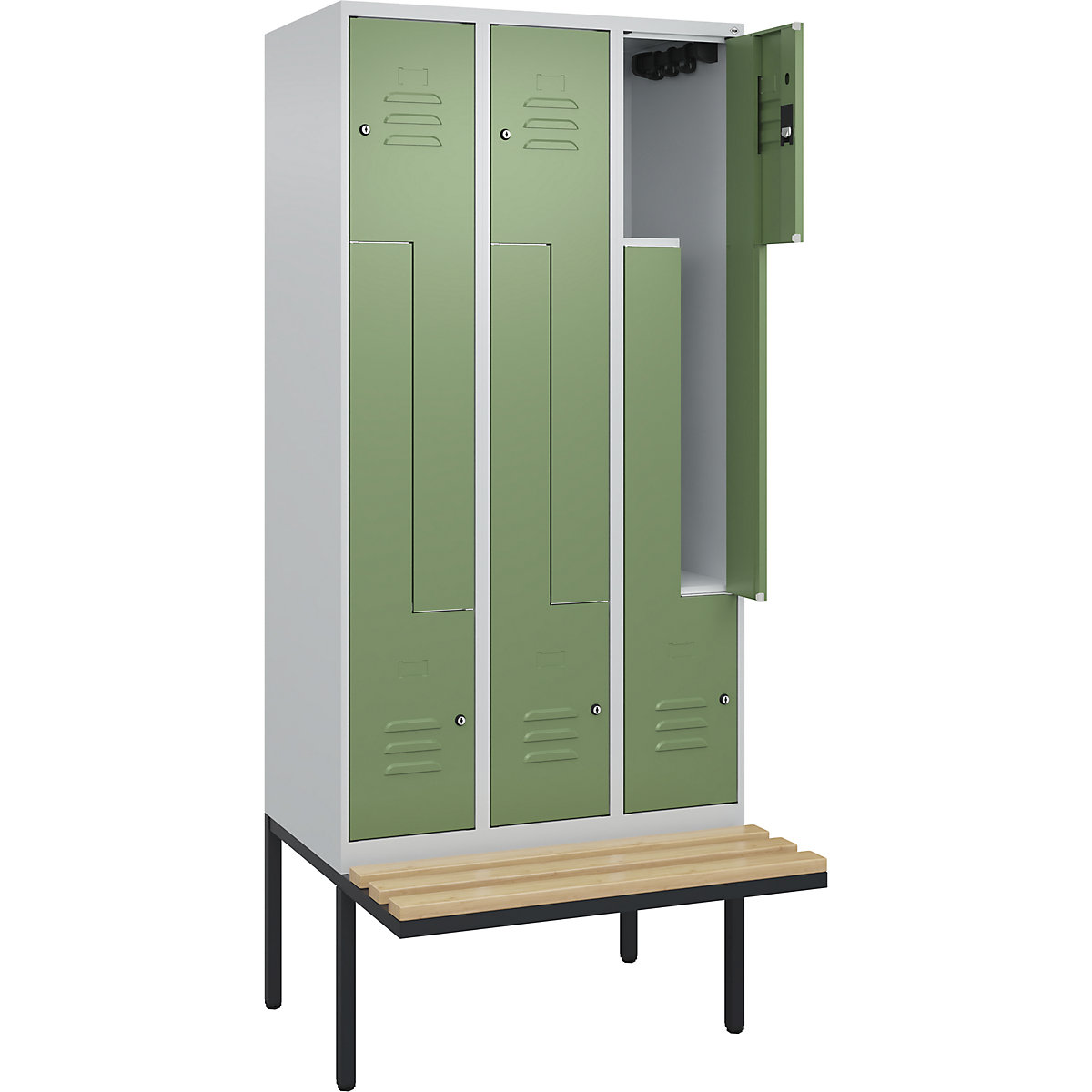 Armadietto a Z Classic PLUS con panca – C+P, 3 scomparti, grigio chiaro / verde reseda, largh. 900 mm, serratura a cilindro, panca sporgente, legno duro di faggio-0