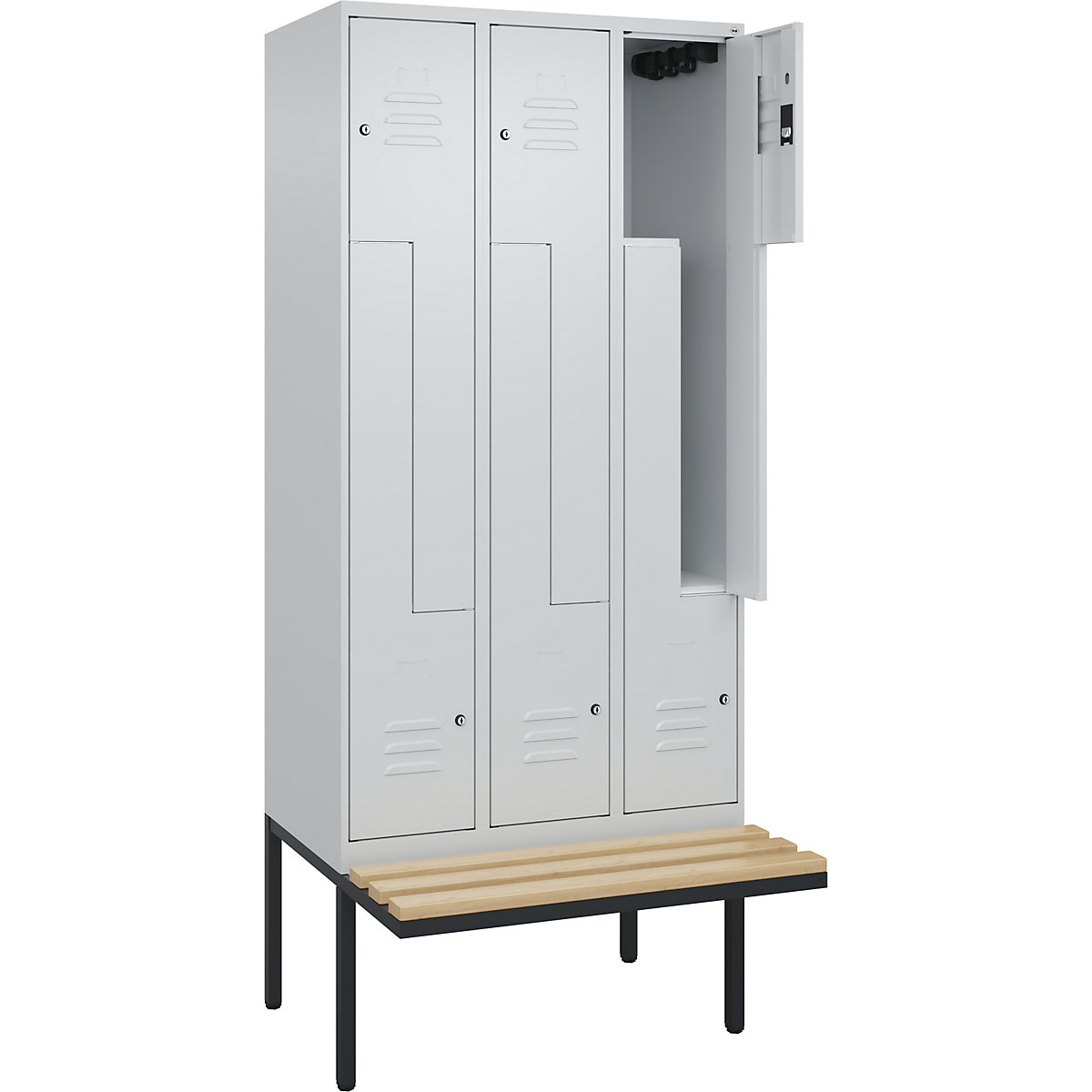 Armadietto a Z Classic PLUS con panca – C+P, 3 scomparti, grigio chiaro, largh. 900 mm, serratura a cilindro, panca sporgente, legno duro di faggio-0
