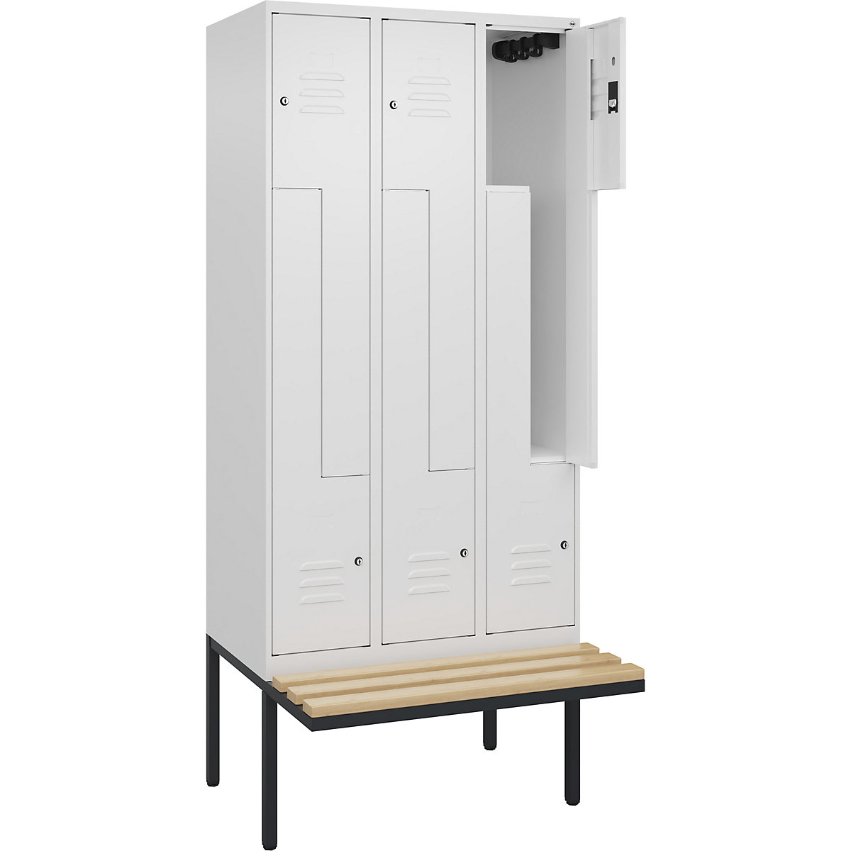 Armadietto a Z Classic PLUS con panca – C+P, 3 scomparti, bianco traffico, largh. 900 mm, serratura a cilindro, panca sporgente, legno duro di faggio-0