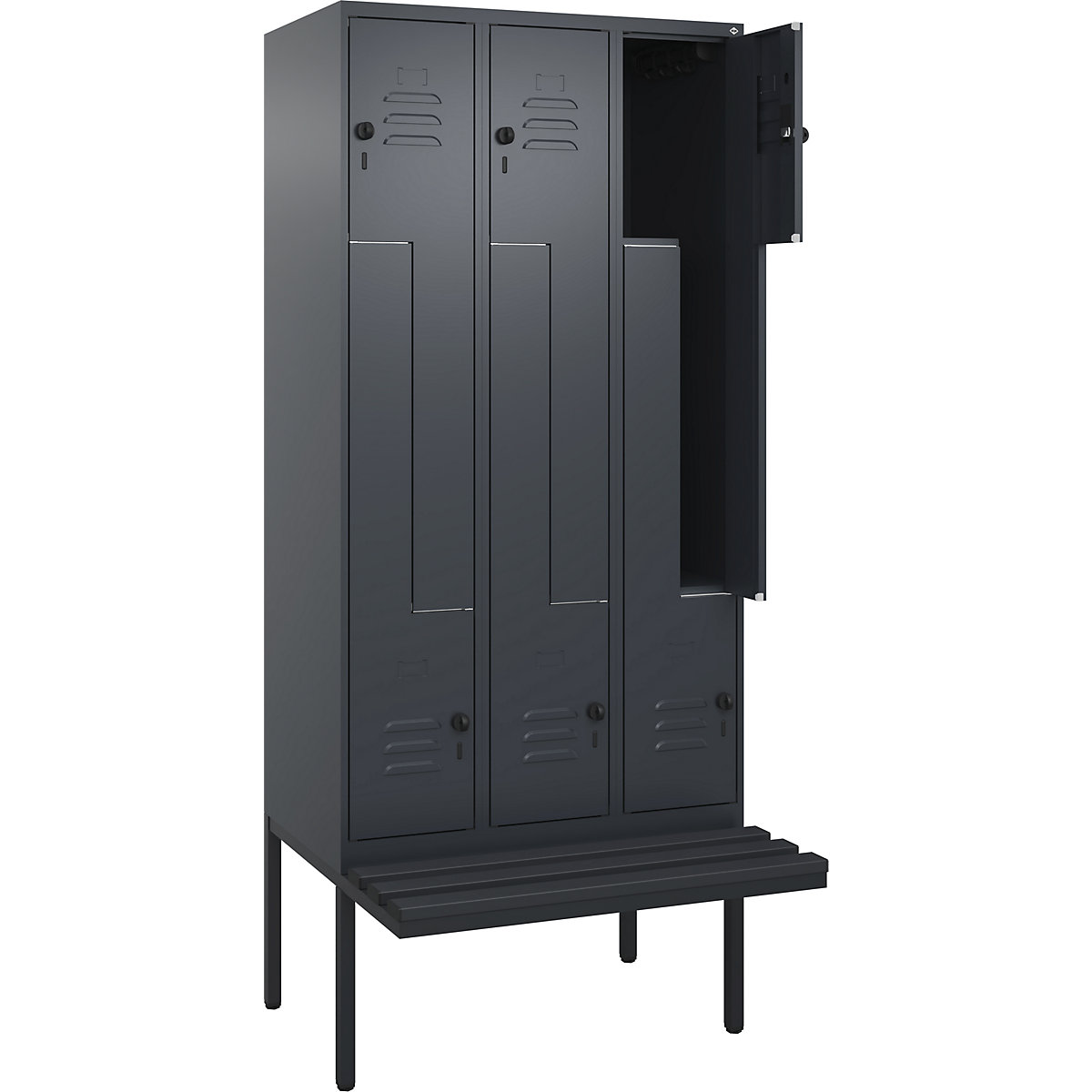 Armadietto a Z Classic PLUS con panca – C+P, 3 scomparti, grigio, largh. 900 mm, serratura girevole di sicurezza, panca sporgente, plastica-0